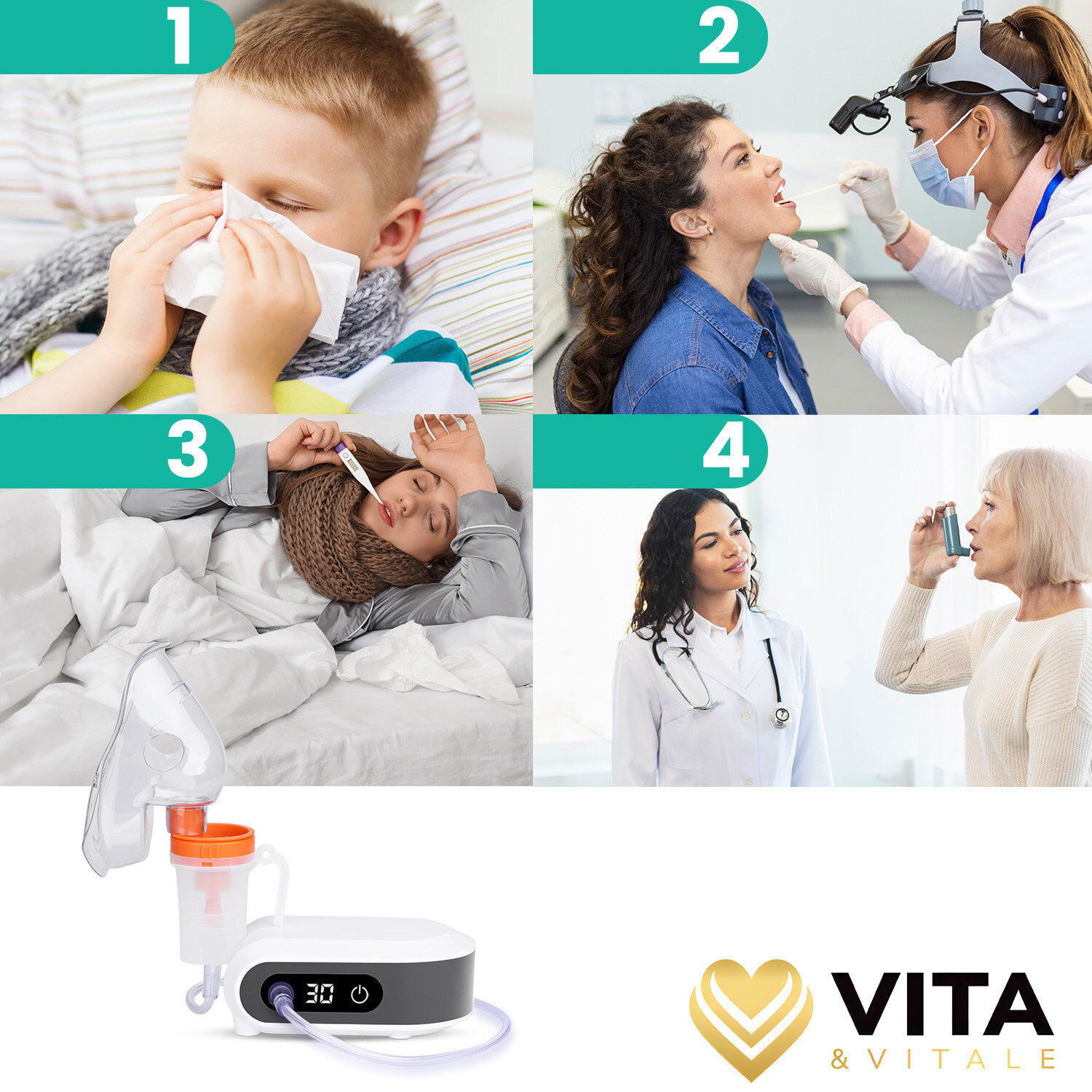 Obraz przedstawia cztery sceny z osobami w kontekście medycznym oraz inhalator z wyświetlaczem cyfrowym. Na dole widoczne jest logo \'VITA & VITALE\'.