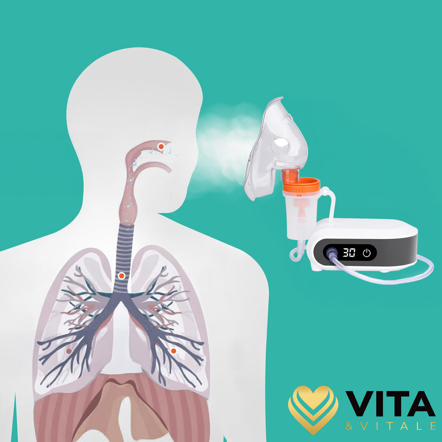 Obraz przedstawia inhalator z maską, z którego wydobywa się para, obok schematycznego rysunku układu oddechowego człowieka. W prawym dolnym rogu widoczne jest logo \'VITA & VITALE\'.
