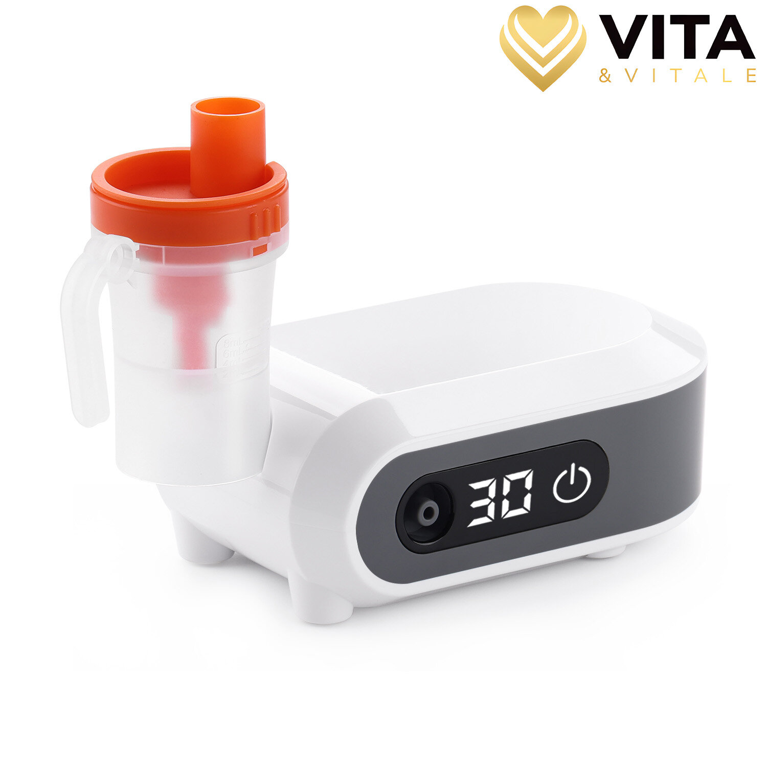 Na obrazie widoczny jest biały inhalator z pomarańczowym elementem, posiadający wyświetlacz z liczbą \'30\' oraz przyciskiem zasilania. W prawym górnym rogu znajduje się logo \'VITA & VITALE\'.