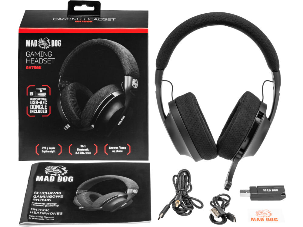 Słuchawki MAD DOG GH750K elementy zestawu adapter kabel USB-A na USB-C kabel USB-C na jack 3,5 mm naklejka opakowania