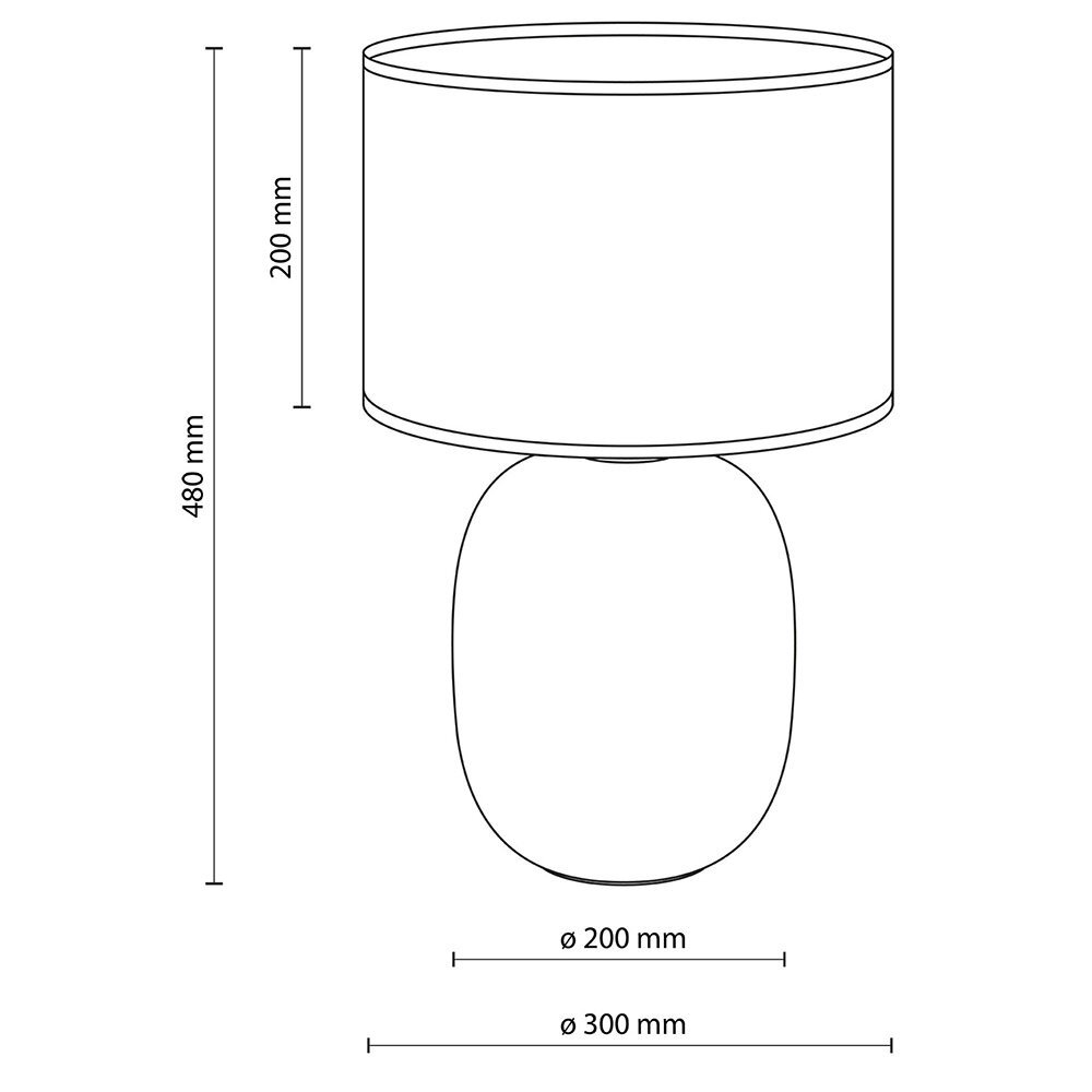 Schemat lampy stołowej z wymiarami: wysokość 480 mm, średnica klosza 200 mm, średnica podstawy 300 mm. Lampa ma szklany klosz i owalną podstawę.