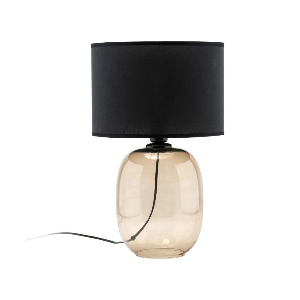 Lampa stołowa z czarnym abażurem i przezroczystą, szklaną podstawą w kolorze topazu. Kabel zasilający jest widoczny wewnątrz podstawy.
