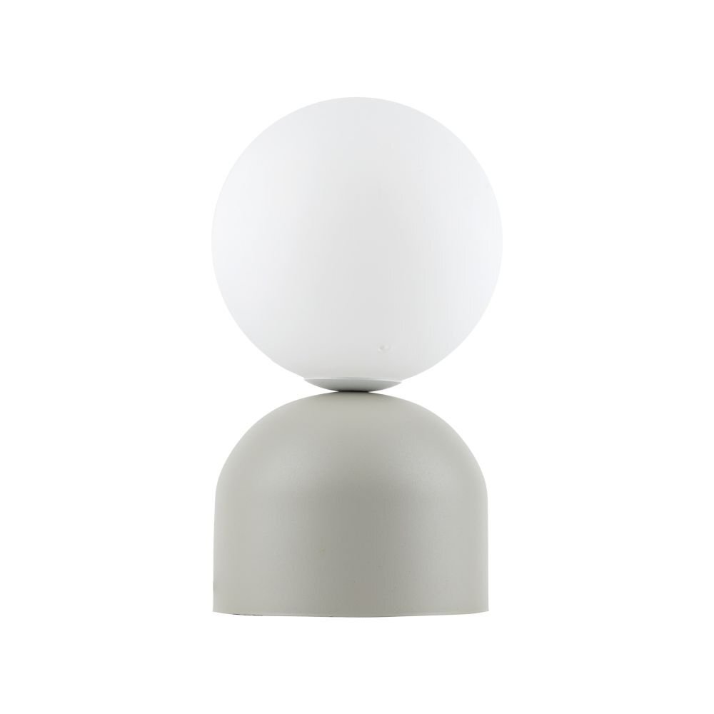 Lampa stołowa z białym, kulistym kloszem na beżowej podstawie o półkolistym kształcie. Nowoczesny design, odpowiednia do pokoju dziecka.