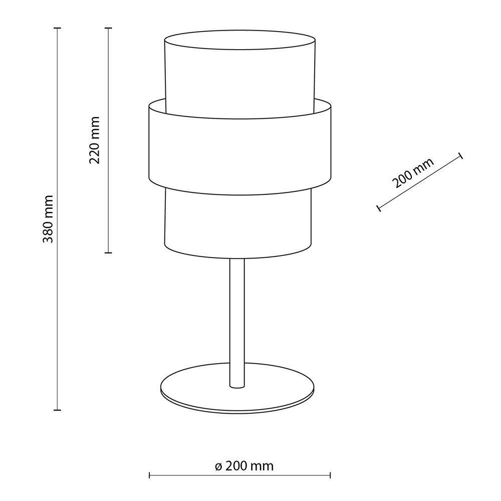 Schemat lampy stołowej z wymiarami: wysokość 380 mm, średnica podstawy 200 mm, wysokość klosza 220 mm, szerokość klosza 200 mm.
