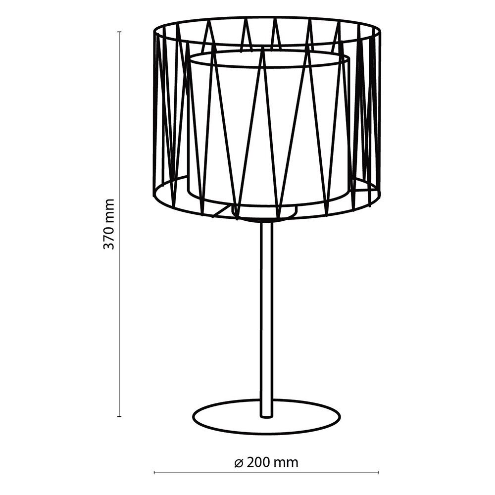 Schematyczny rysunek lampki nocnej z metalowym stelażem i cylindrycznym abażurem. Wymiary: wysokość 370 mm, średnica podstawy 200 mm.