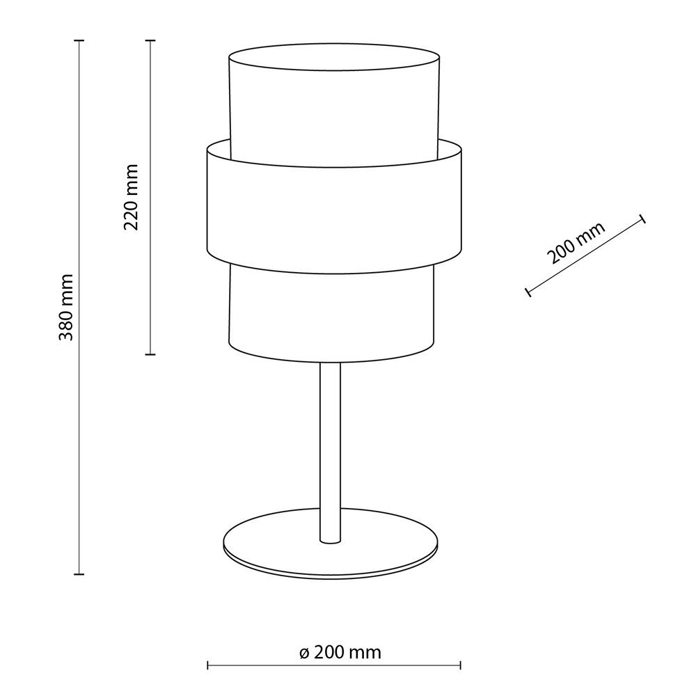 Schematyczny rysunek lampy stołowej z wymiarami: wysokość 380 mm, średnica podstawy 200 mm, wysokość abażuru 220 mm, szerokość abażuru 200 mm.