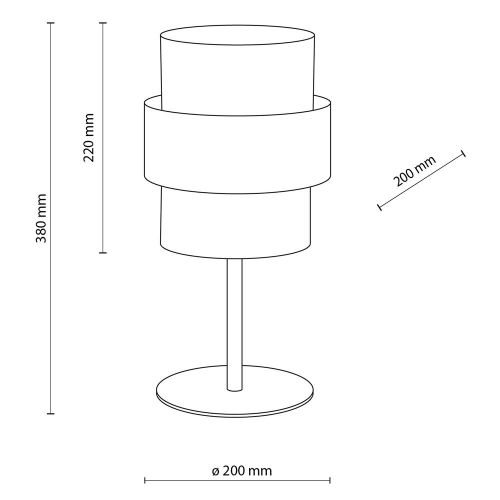 Schematyczny rysunek lampy stołowej z wymiarami: wysokość 380 mm, średnica podstawy 200 mm, wysokość abażuru 220 mm. Lampa ma cylindryczny abażur i prostą podstawę.