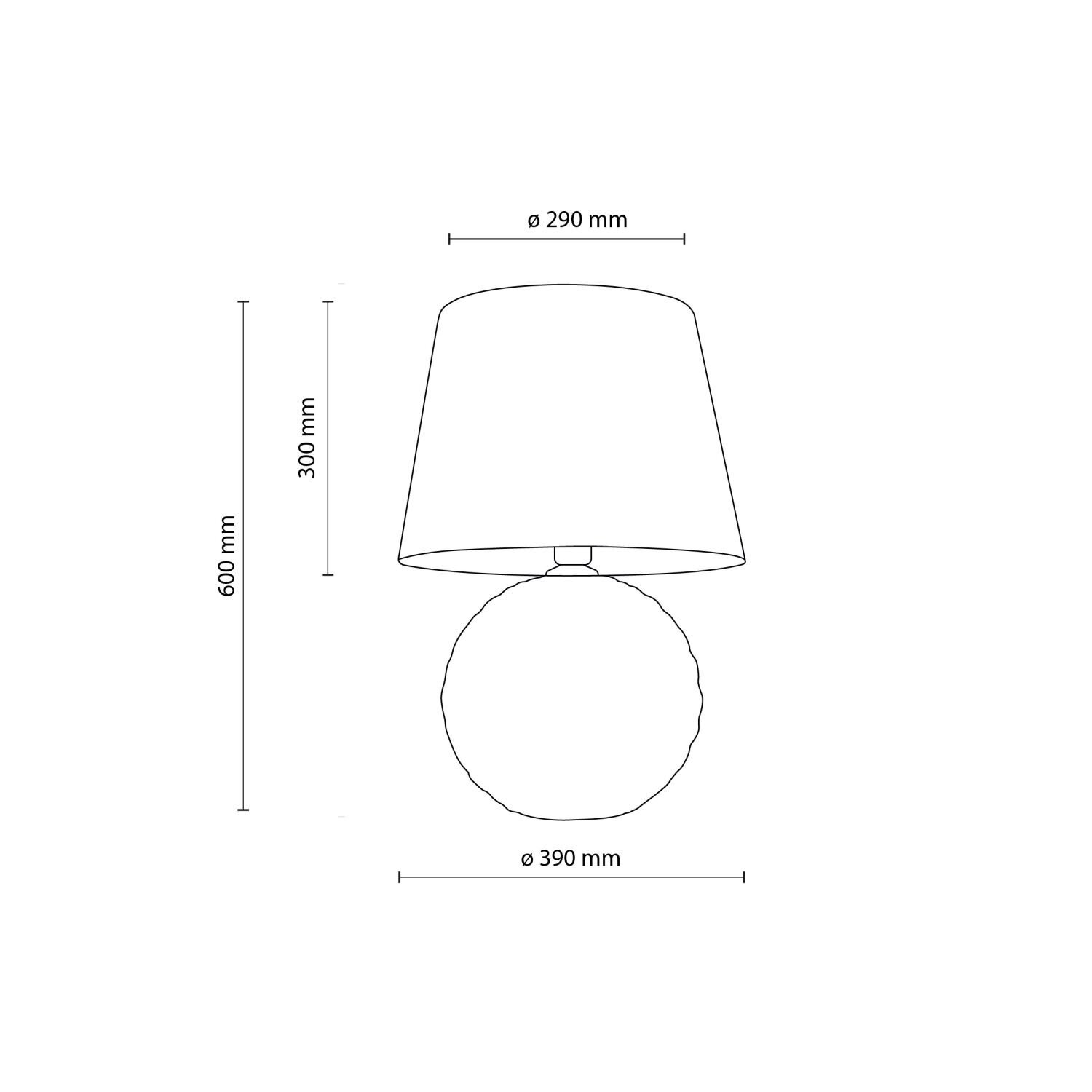 Schemat lampy stołowej z abażurem o średnicy 290 mm i wysokości 300 mm, oraz podstawą o średnicy 390 mm. Całkowita wysokość lampy wynosi 600 mm.