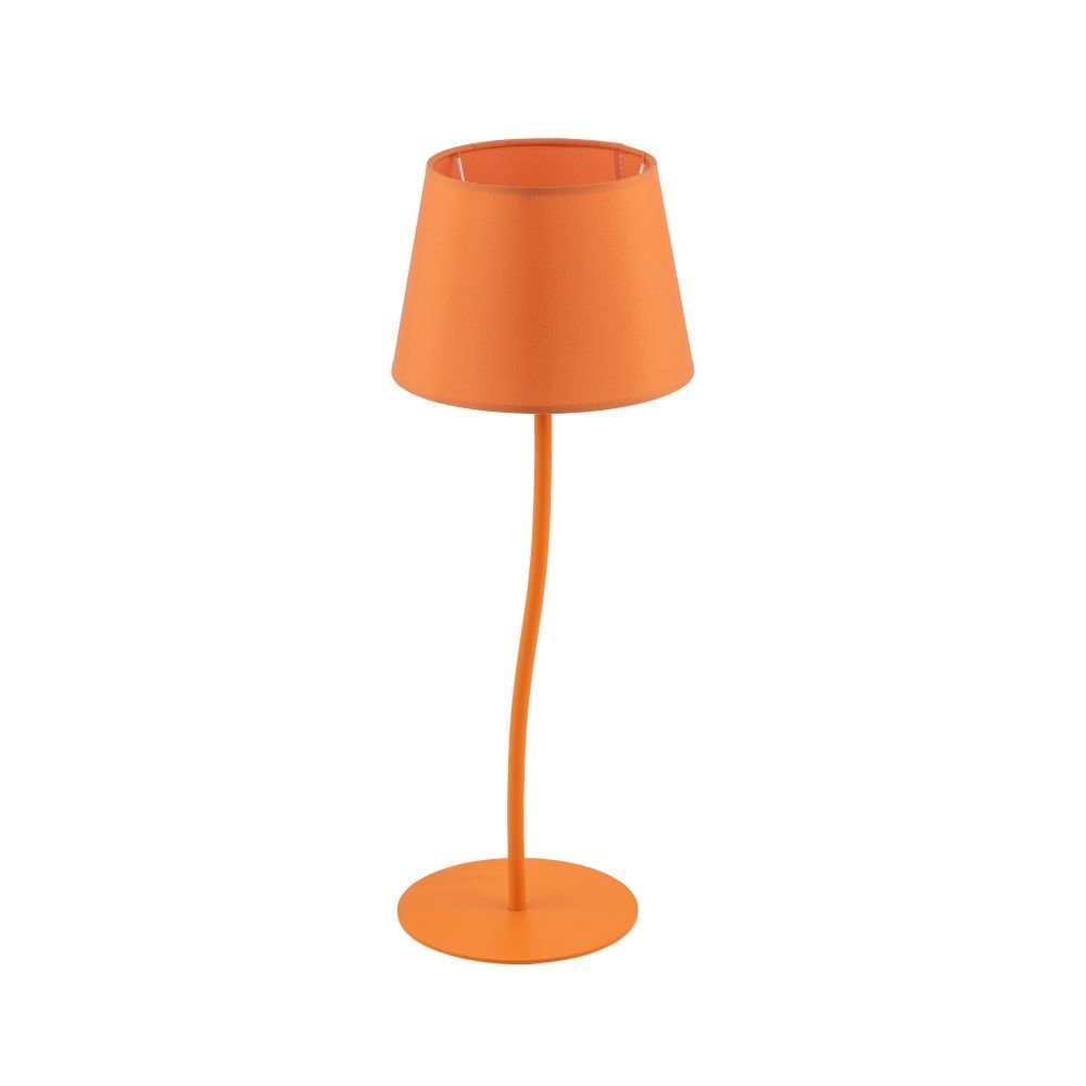 Na obrazie widoczna jest nowoczesna lampa stołowa z pomarańczowym kloszem i podstawą. Lampa ma prosty, elegancki design z lekko zakrzywioną nóżką.