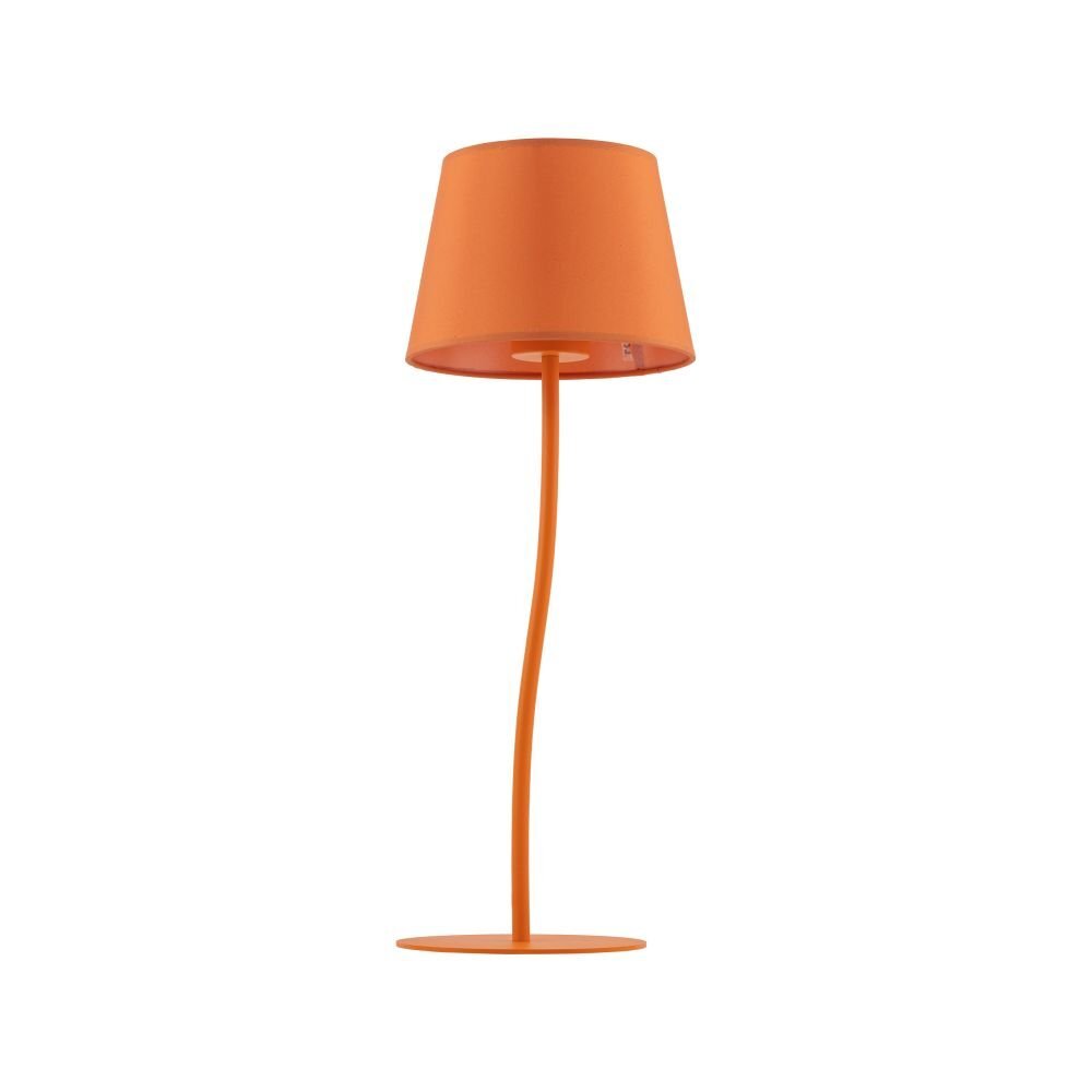 Na obrazie widoczna jest nowoczesna lampa stołowa z pomarańczowym kloszem i zakrzywioną podstawą. Lampa ma prosty, elegancki design.