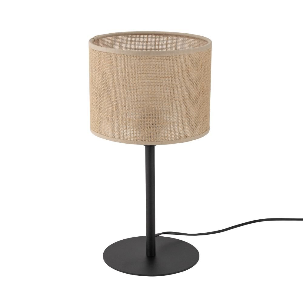 Lampa stołowa z beżowym abażurem z juty i czarną podstawą. Posiada prosty, klasyczny design.