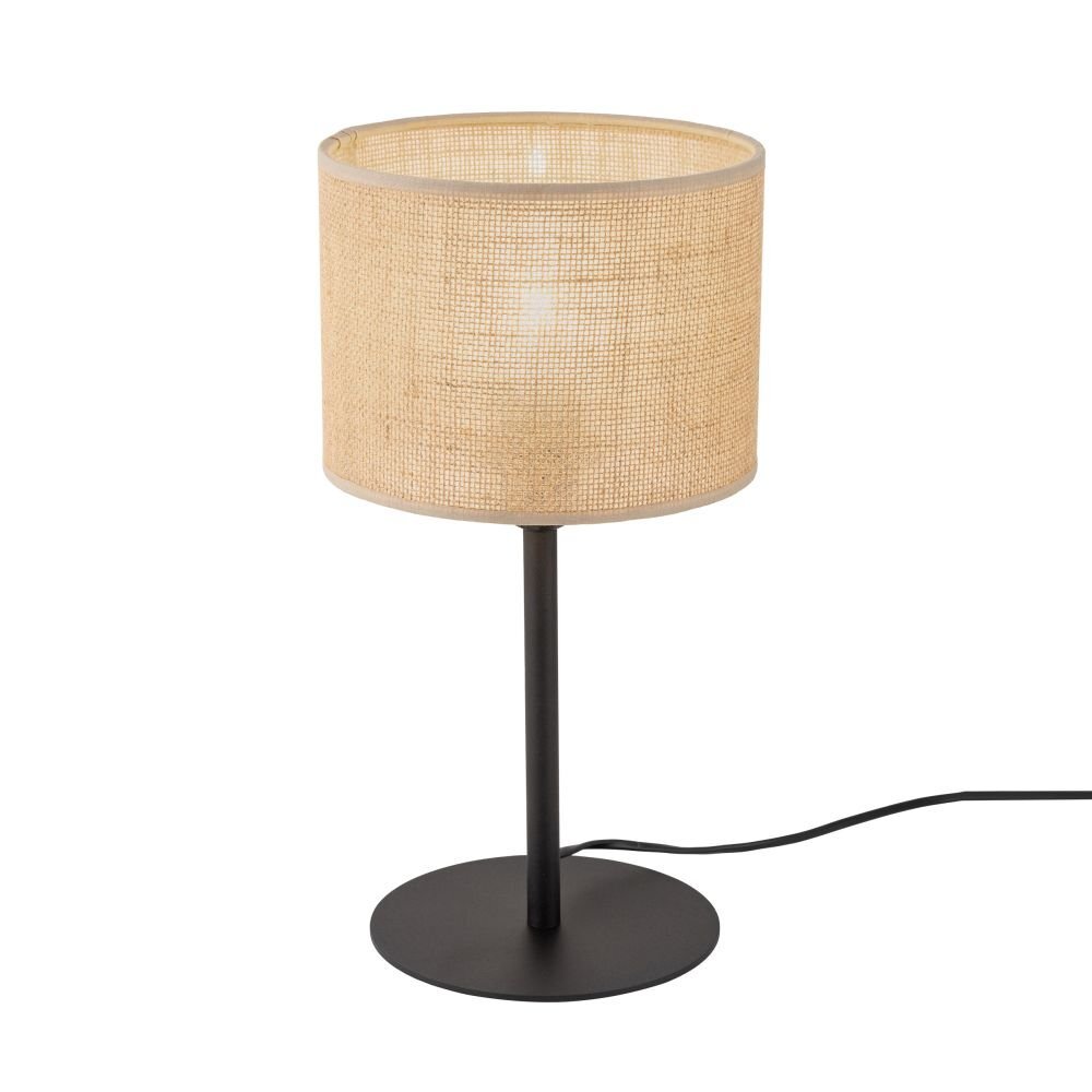 Lampa stołowa z beżowym abażurem wykonanym z juty i czarną podstawą. Lampa posiada prosty, klasyczny design.