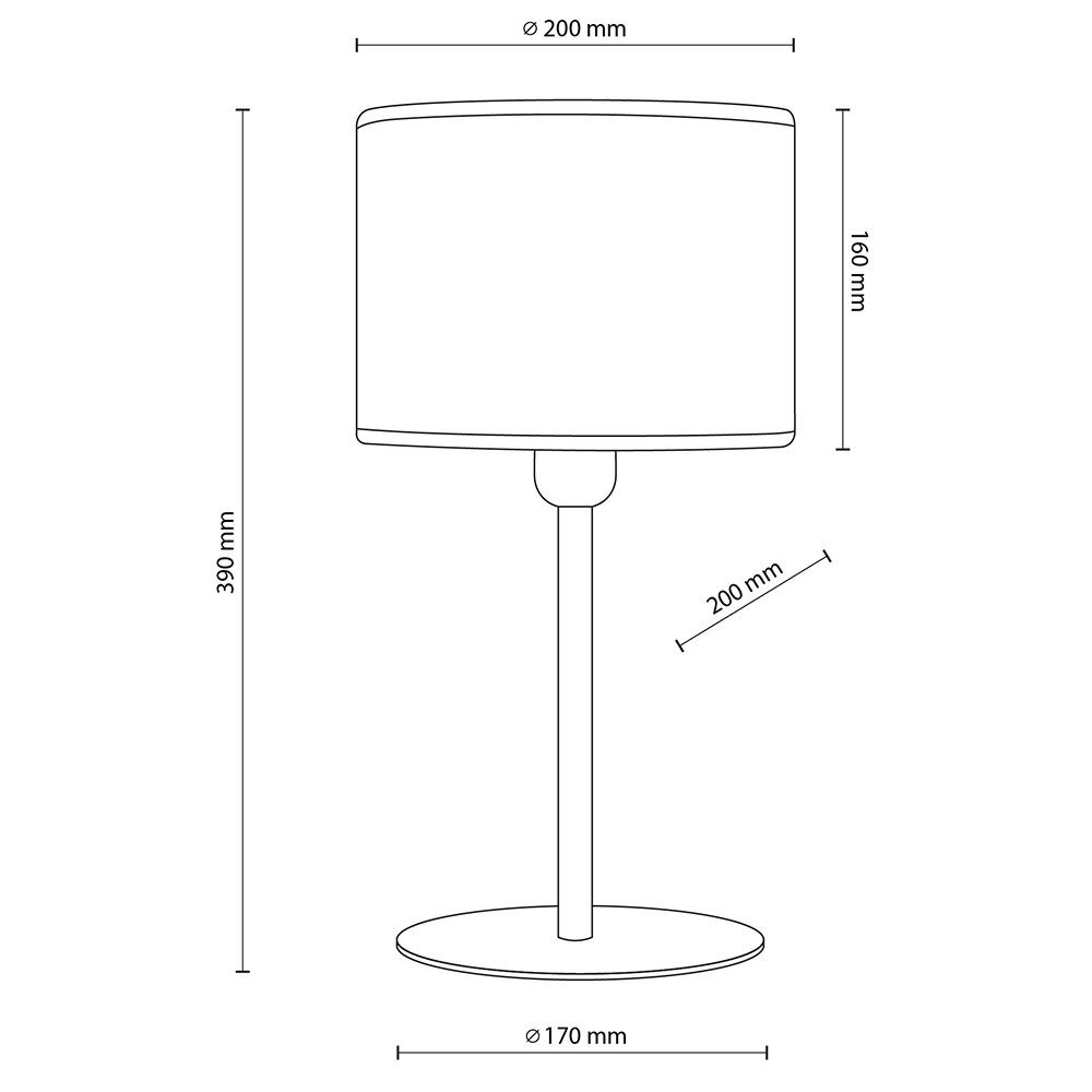 Schemat lampy stołowej z abażurem o średnicy 200 mm i wysokości 160 mm, na podstawie o średnicy 170 mm. Całkowita wysokość lampy wynosi 390 mm, a odległość od podstawy do abażura to 200 mm.