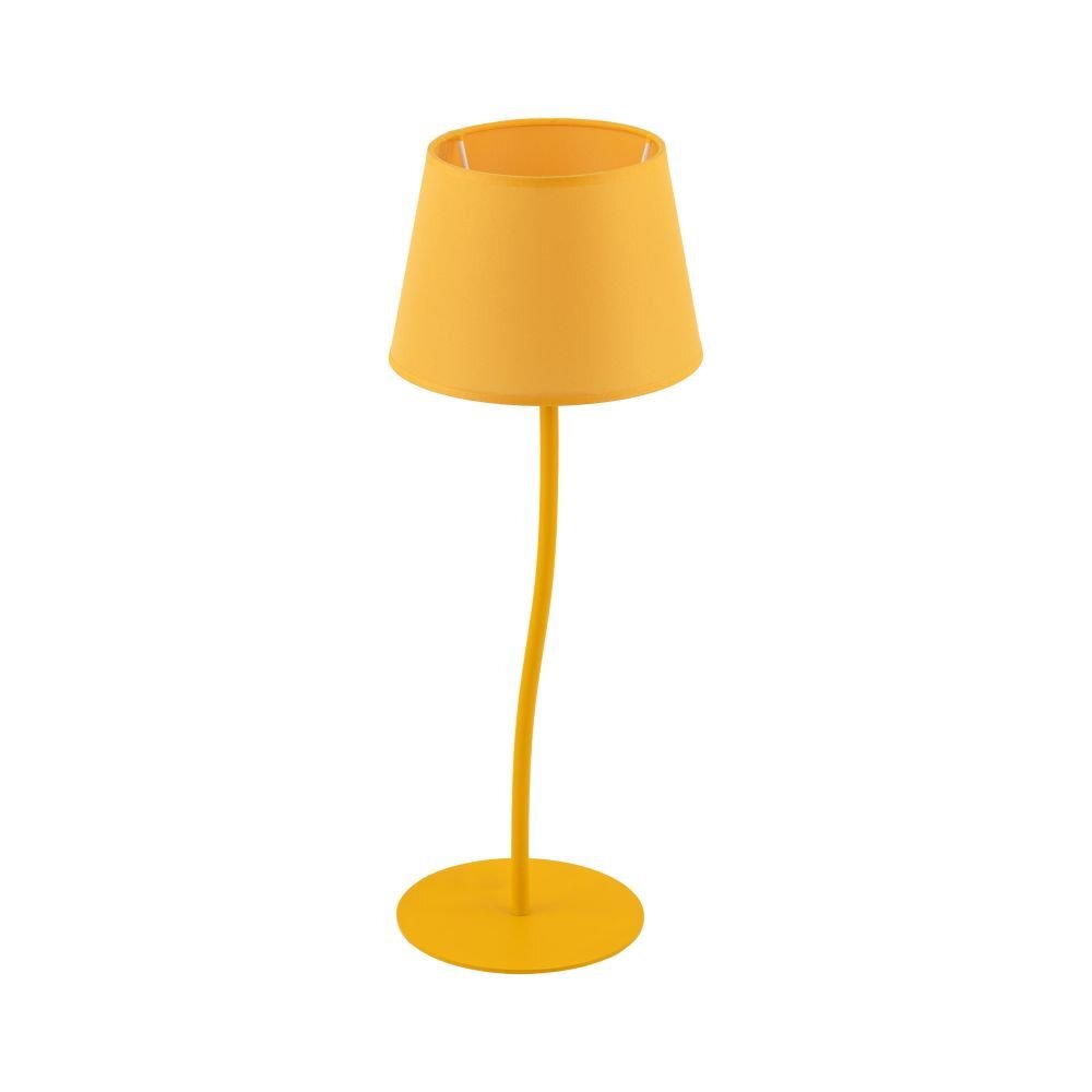Żółta lampa stołowa z prostym, zakrzywionym trzonkiem i okrągłą podstawą. Klosz ma kształt stożka.
