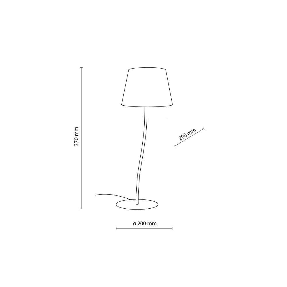 Schematyczny rysunek lampy stołowej z abażurem, o wysokości 370 mm i średnicy podstawy 200 mm. Widoczne są wymiary: 370 mm wysokości i 200 mm szerokości abażura.