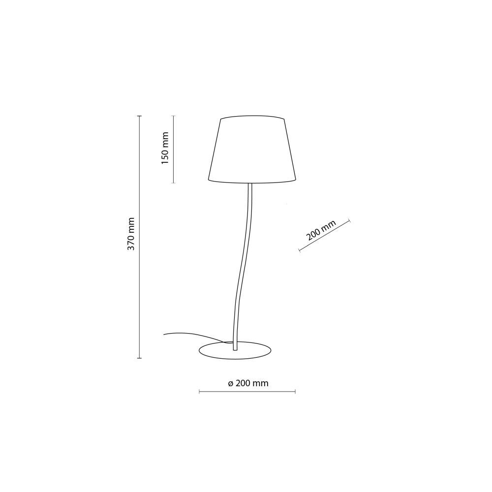 Schemat lampy stołowej z wymiarami: wysokość 370 mm, średnica podstawy 200 mm, wysokość klosza 150 mm, odległość od klosza do podstawy 200 mm.