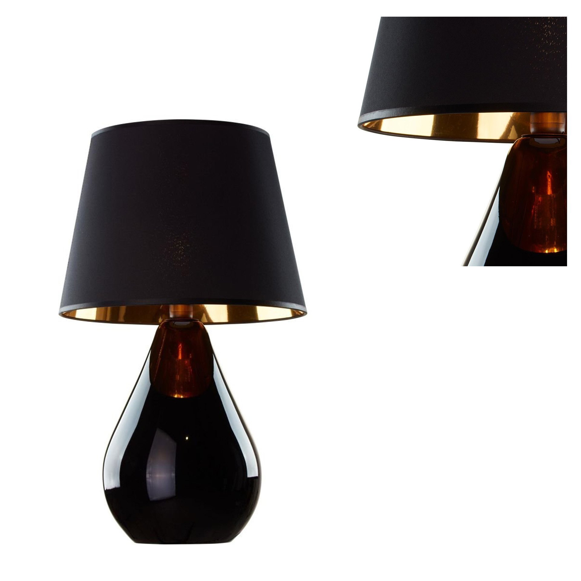 Czarno-złota lampa stołowa z abażurem w kształcie stożka i błyszczącą podstawą w formie kropli. Wnętrze abażura jest złote, co dodaje elegancji.