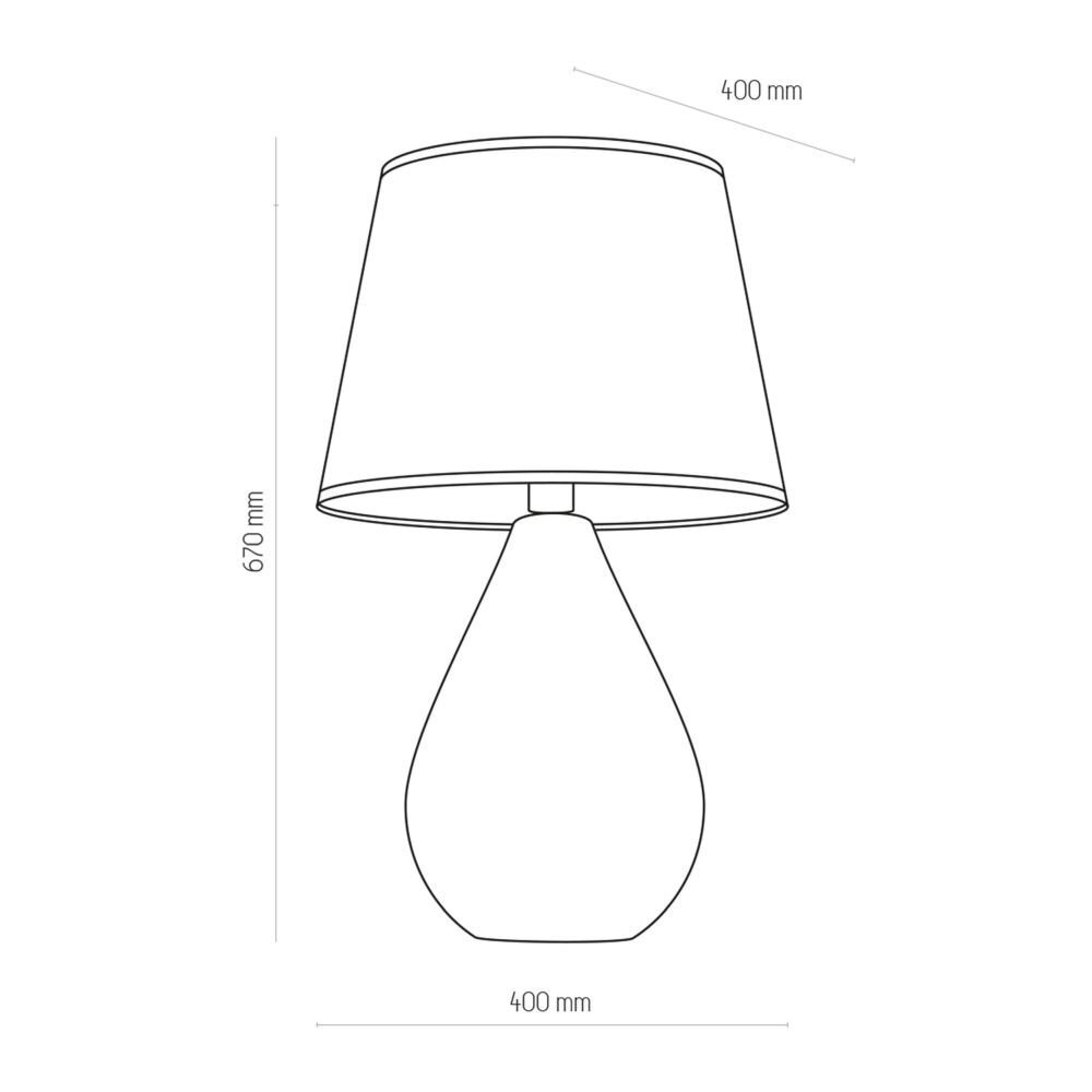 Schematyczny rysunek lampy stołowej z abażurem w kształcie stożka i podstawą w kształcie kropli. Wymiary: wysokość 670 mm, szerokość 400 mm.