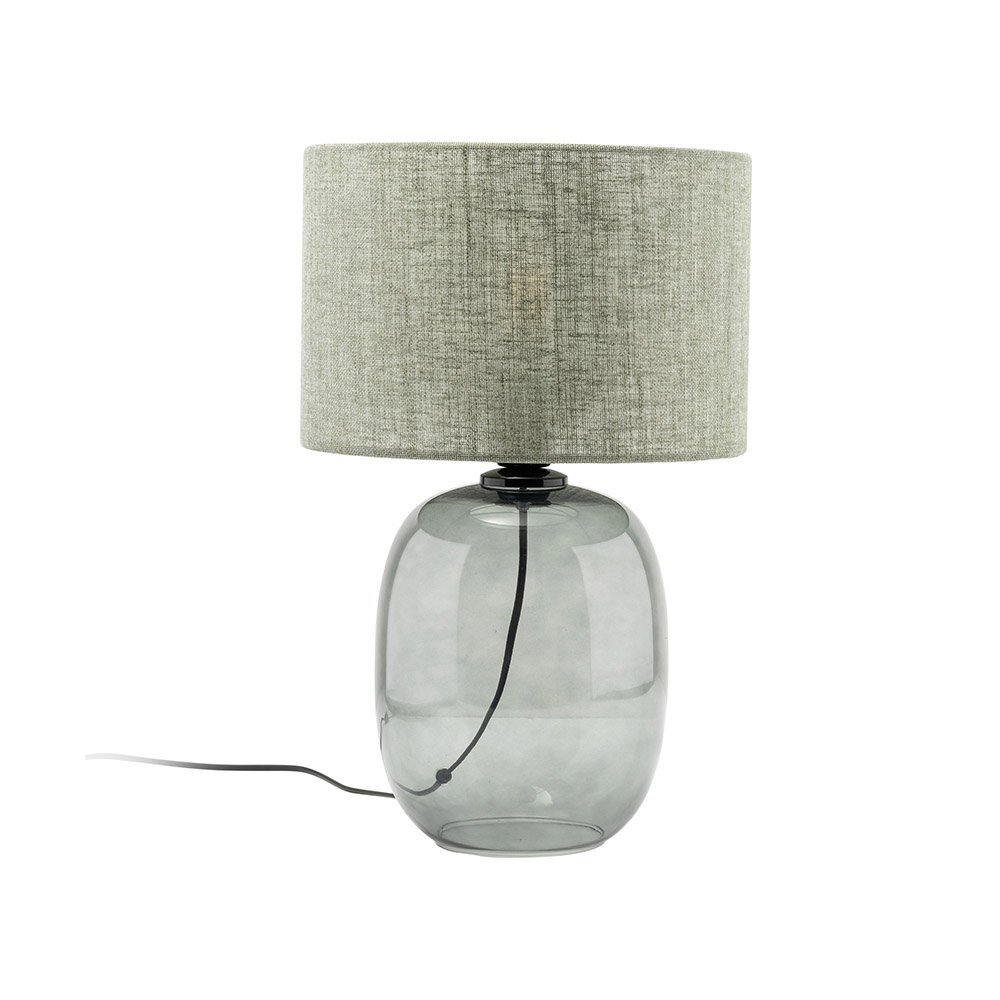 Lampa stołowa z przezroczystą, szklaną podstawą i cylindrycznym, grafitowo-zielonym abażurem. Kabel zasilający jest widoczny wewnątrz podstawy.