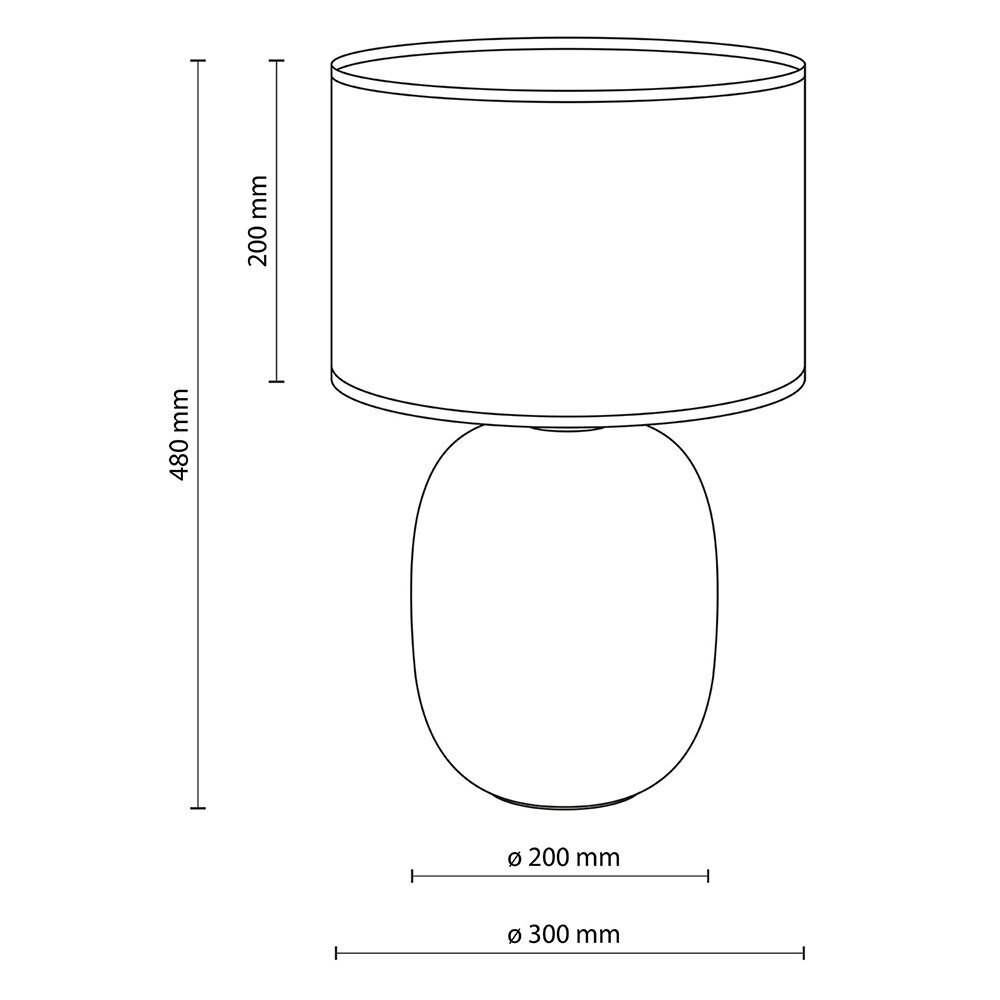 Schematyczny rysunek lampy stołowej z wymiarami: wysokość 480 mm, średnica abażuru 300 mm, średnica podstawy 200 mm. Lampa ma cylindryczny abażur i owalną podstawę.