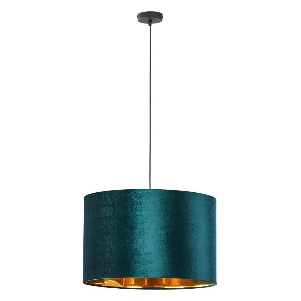 Lampa wisząca z cylindrycznym abażurem w kolorze ciemnozielonym, zawieszona na cienkim czarnym przewodzie. Wnętrze abażuru jest złote, co dodaje elegancji.