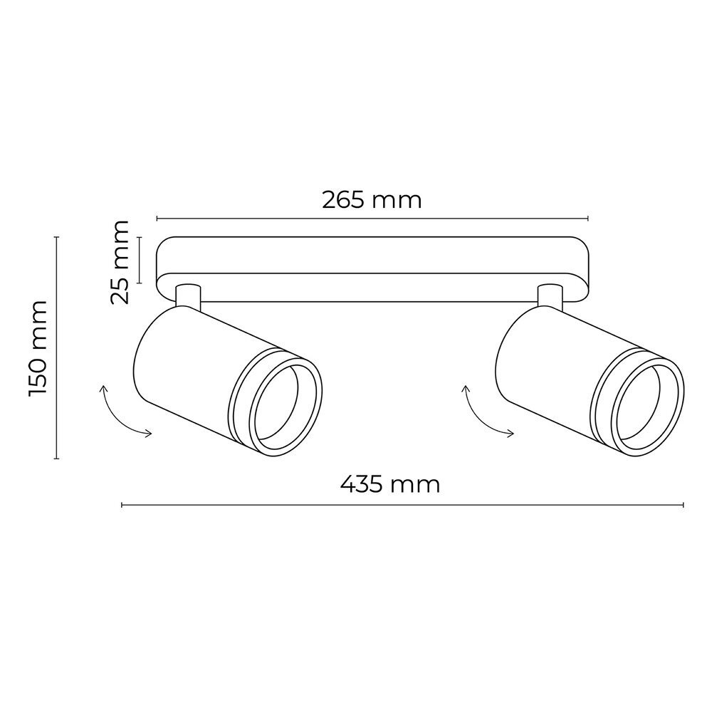 Schematyczny rysunek reflektora sufitowego z dwoma regulowanymi głowicami. Wymiary: 265 mm, 25 mm, 150 mm, 435 mm.