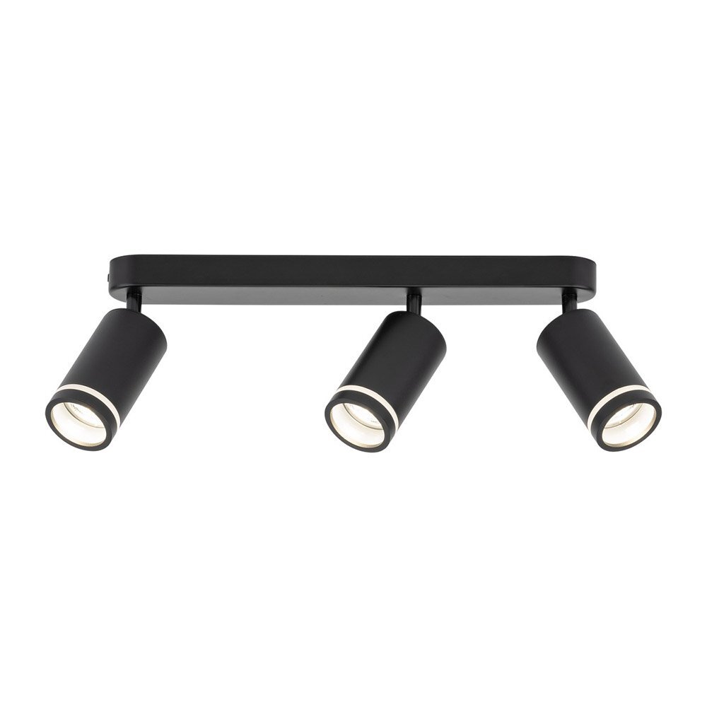 Czarna lampa sufitowa z trzema regulowanymi reflektorami w kształcie cylindrów, zamontowana na prostokątnej podstawie.