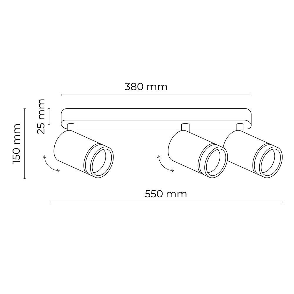 Schemat lampy sufitowej z trzema regulowanymi reflektorami. Wymiary: 550 mm długości, 380 mm szerokości, 150 mm wysokości, 25 mm grubości.