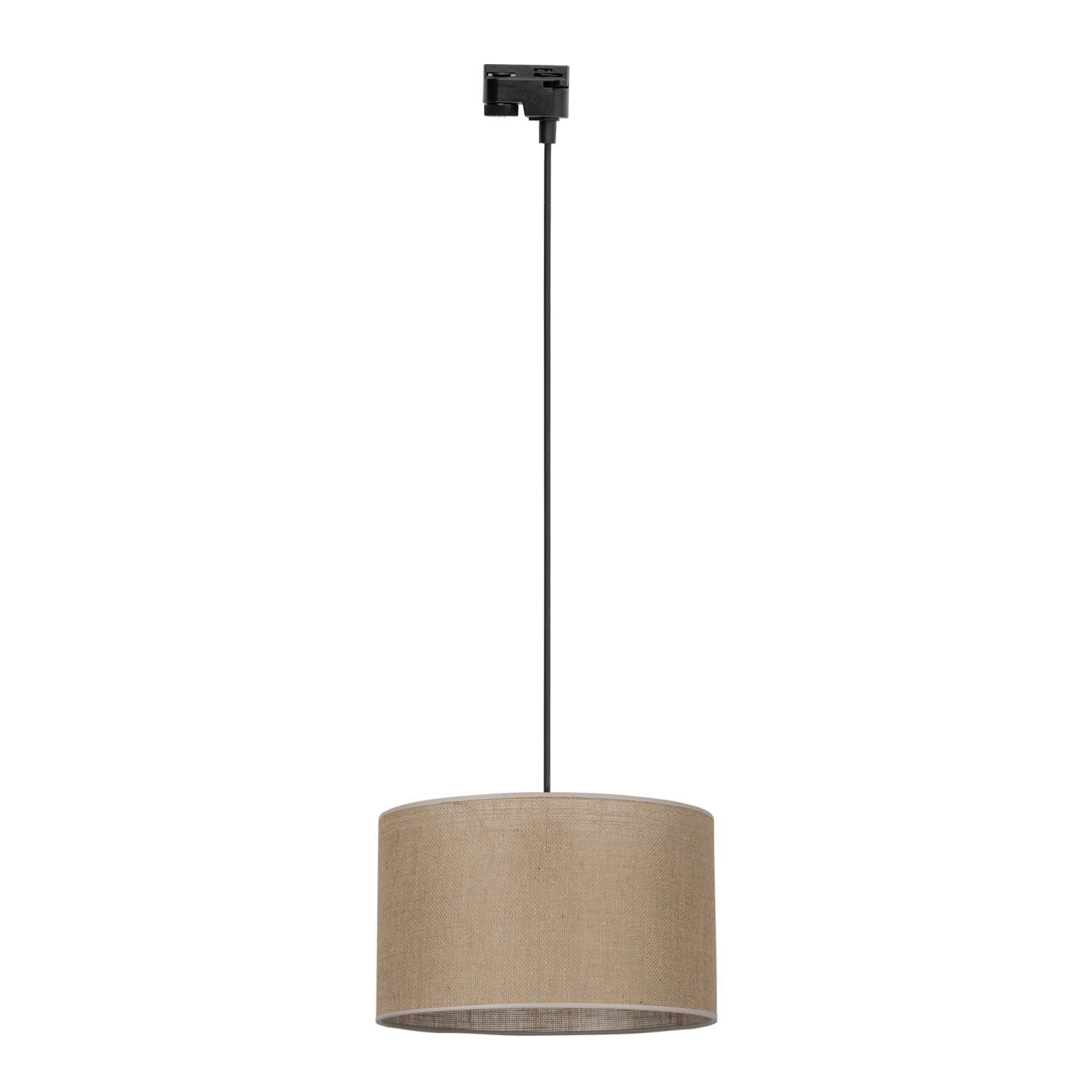 Lampa wisząca z beżowym abażurem, zawieszona na czarnym przewodzie. Element mocujący jest czarny i prostokątny.