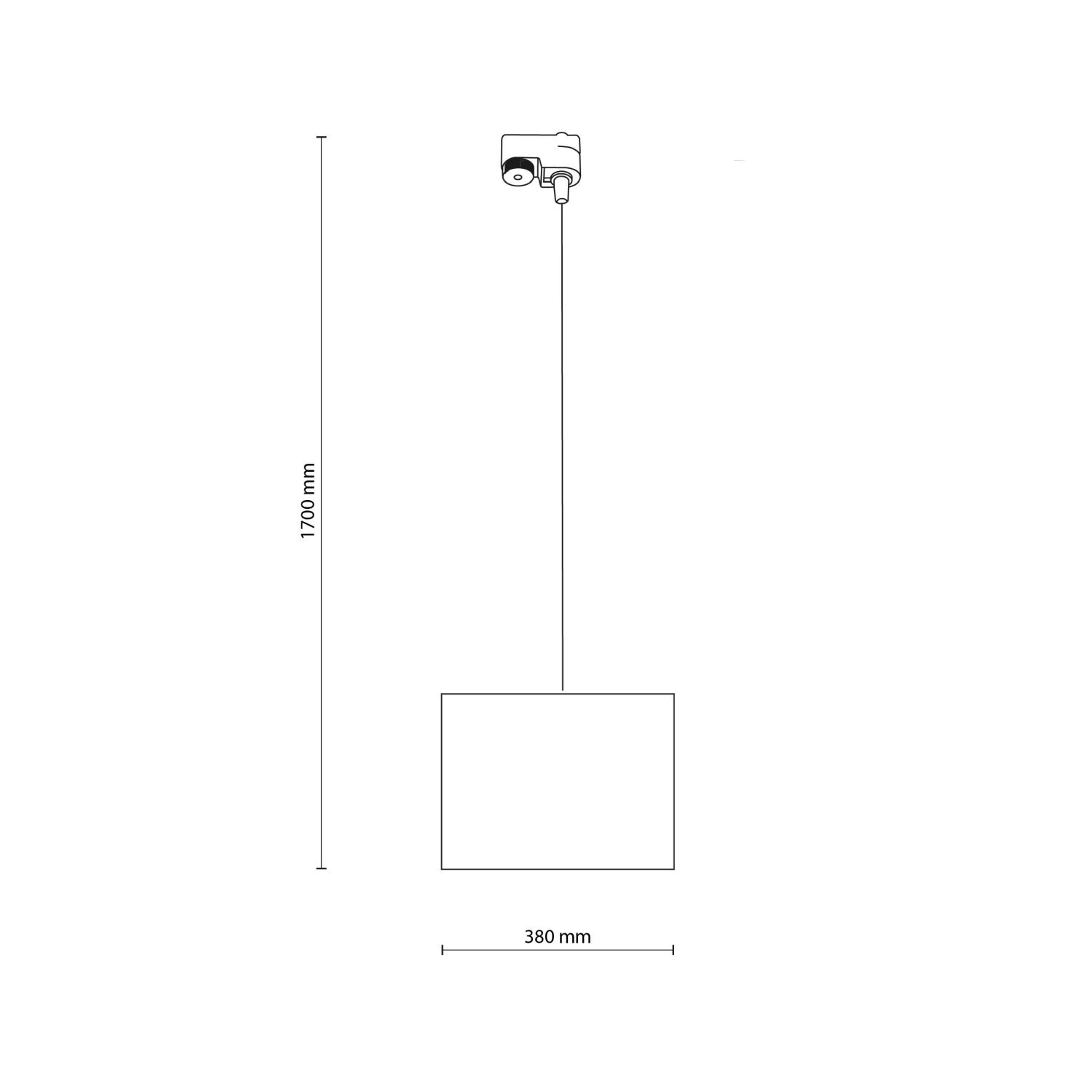 Schemat lampy wiszącej z oznaczeniem wymiarów: wysokość 1700 mm i szerokość 380 mm. Lampa jest podłączona do szyny sufitowej.