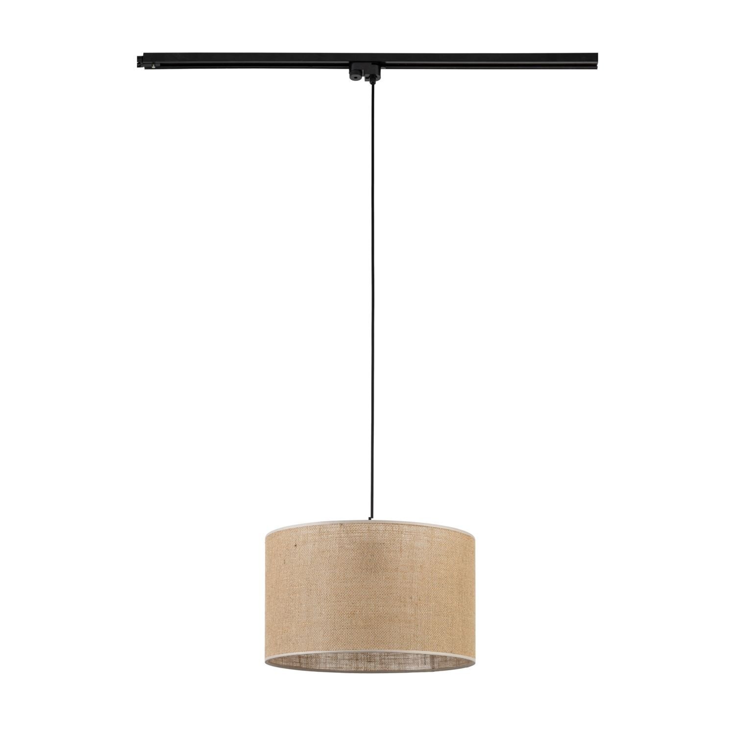 Lampa wisząca z cylindrycznym abażurem w kolorze beżowym, zawieszona na czarnym przewodzie przymocowanym do czarnej szyny. Szyna jest pozioma, a lampa ma możliwość regulacji wysokości.