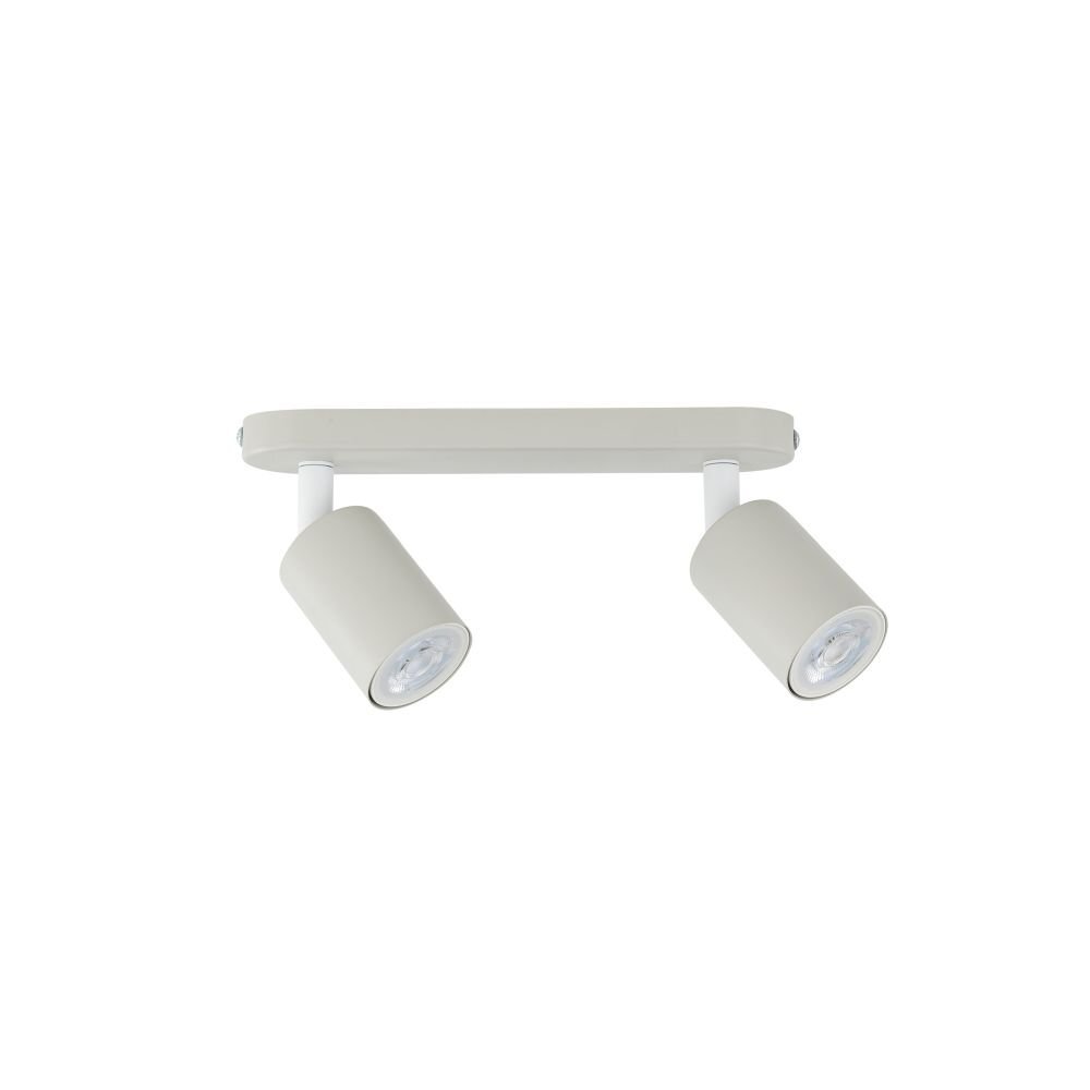 Na obrazie widoczna jest beżowa lampa sufitowa z dwoma regulowanymi reflektorami. Lampa ma nowoczesny design i jest przeznaczona do montażu na suficie.