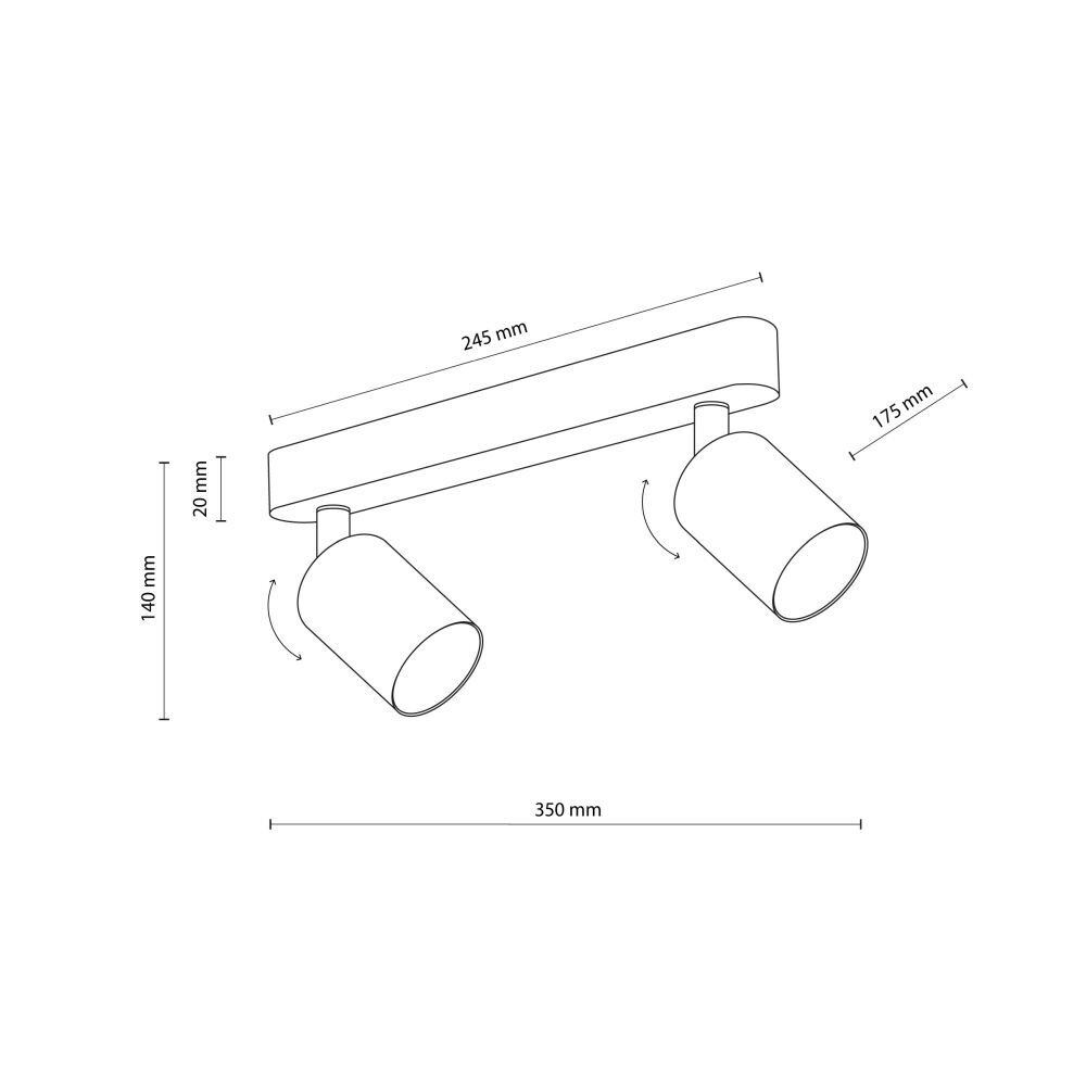 Schemat lampy sufitowej z dwoma regulowanymi reflektorami. Wymiary: 245 mm, 175 mm, 140 mm, 20 mm, 350 mm.