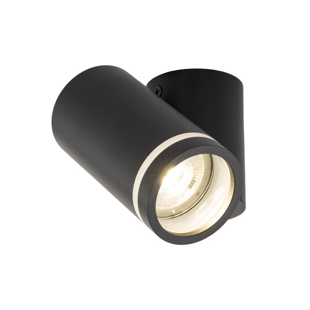 Czarny reflektor spot o cylindrycznym kształcie z widocznym źródłem światła. Lampa ma nowoczesny design i jest regulowana.