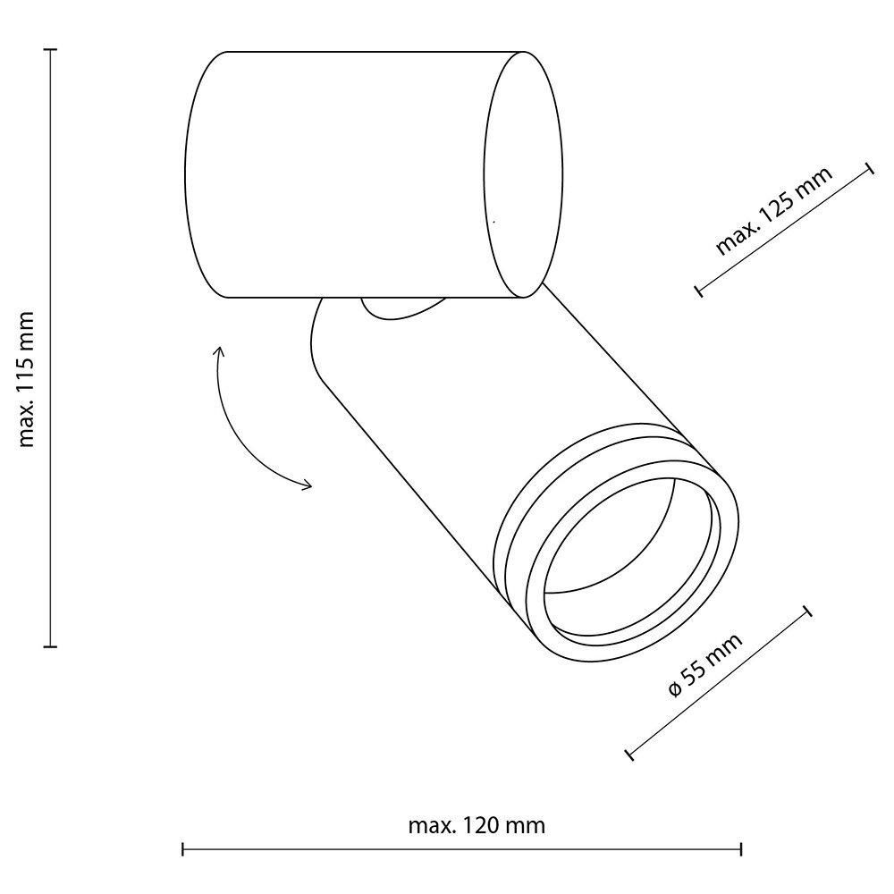 Schematyczny rysunek reflektora z wymiarami: maksymalna wysokość 115 mm, maksymalna długość 125 mm, średnica 55 mm, maksymalna długość 120 mm. Strzałki wskazują możliwość regulacji kierunku światła.