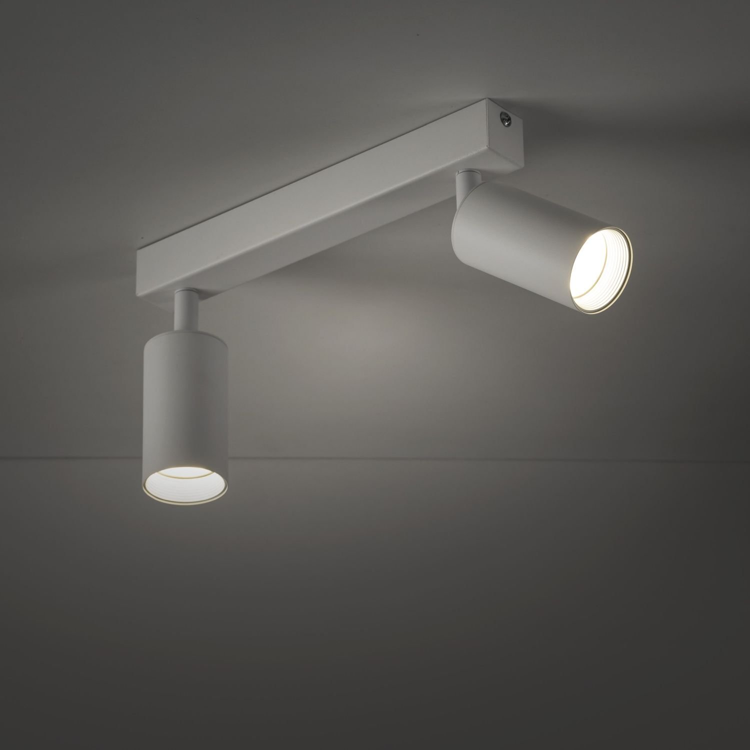 Na obrazie widoczna jest biała lampa sufitowa z dwoma regulowanymi reflektorami. Lampa ma prostokątną podstawę i cylindryczne reflektory, z których jeden jest włączony.