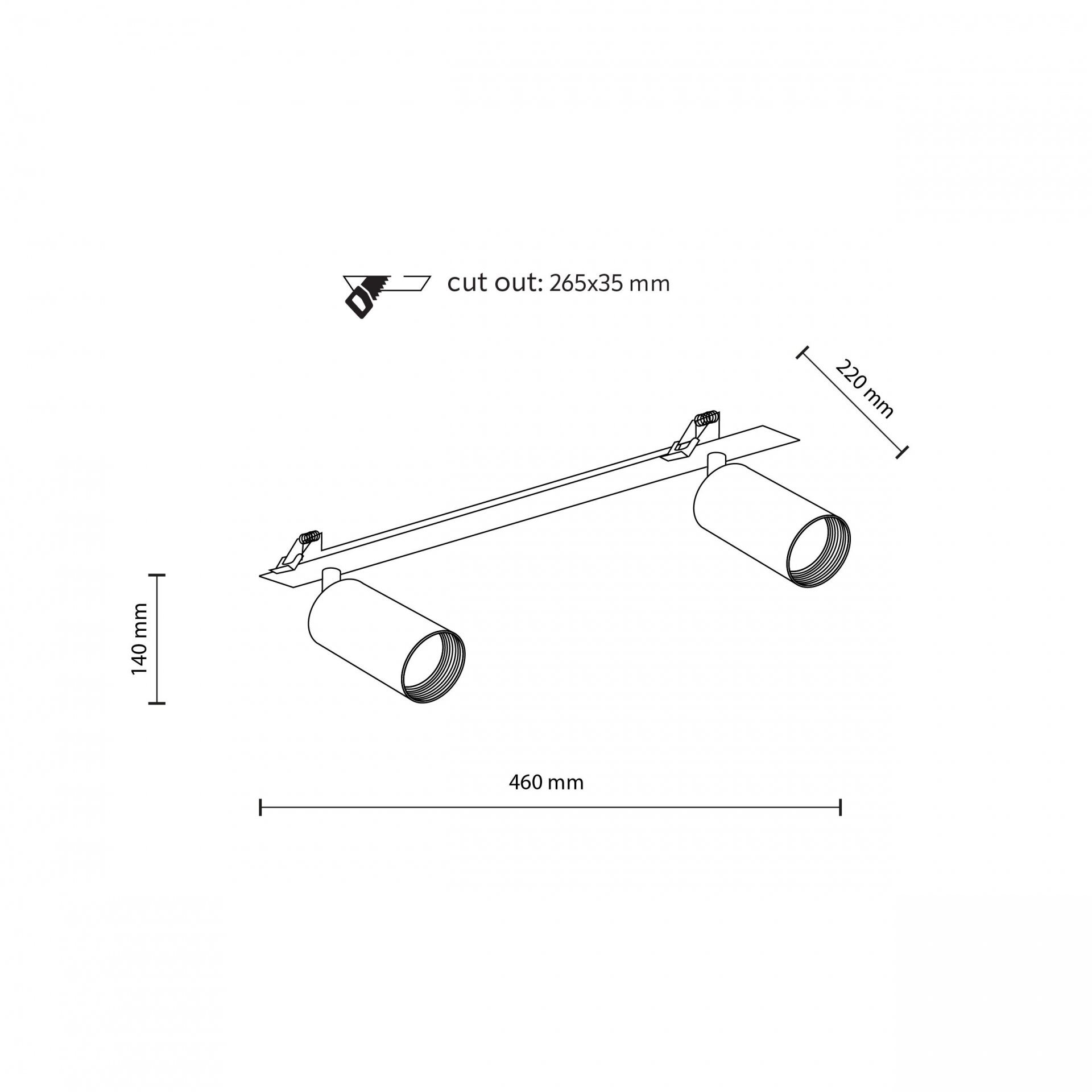Schemat reflektora podtynkowego z dwoma regulowanymi spotami, oznaczone wymiary to 460 mm długości, 220 mm szerokości i 140 mm wysokości. Widoczny tekst: \'cut out: 265x35 mm\'.
