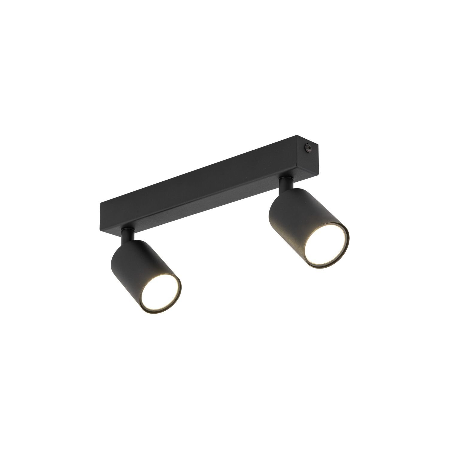 Czarny reflektor sufitowy z dwoma regulowanymi głowicami w kształcie cylindrów, zamontowany na prostokątnej belce. Produkt ma nowoczesny design i jest przeznaczony do montażu wewnętrznego.