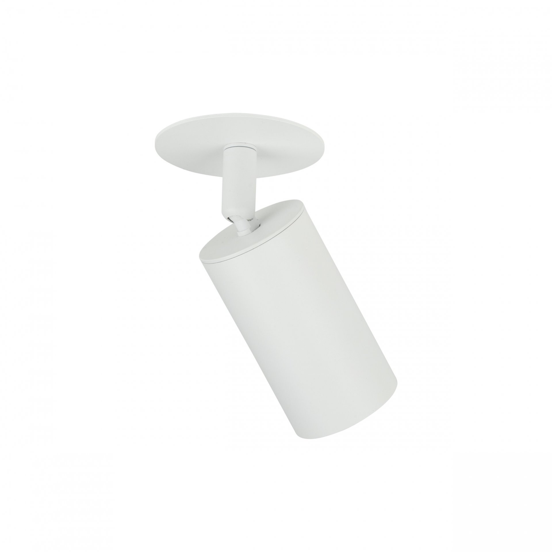 Biały reflektor sufitowy podtynkowy o cylindrycznym kształcie, zamontowany na okrągłej podstawie. Produkt jest wykonany z metalu i ma minimalistyczny design.