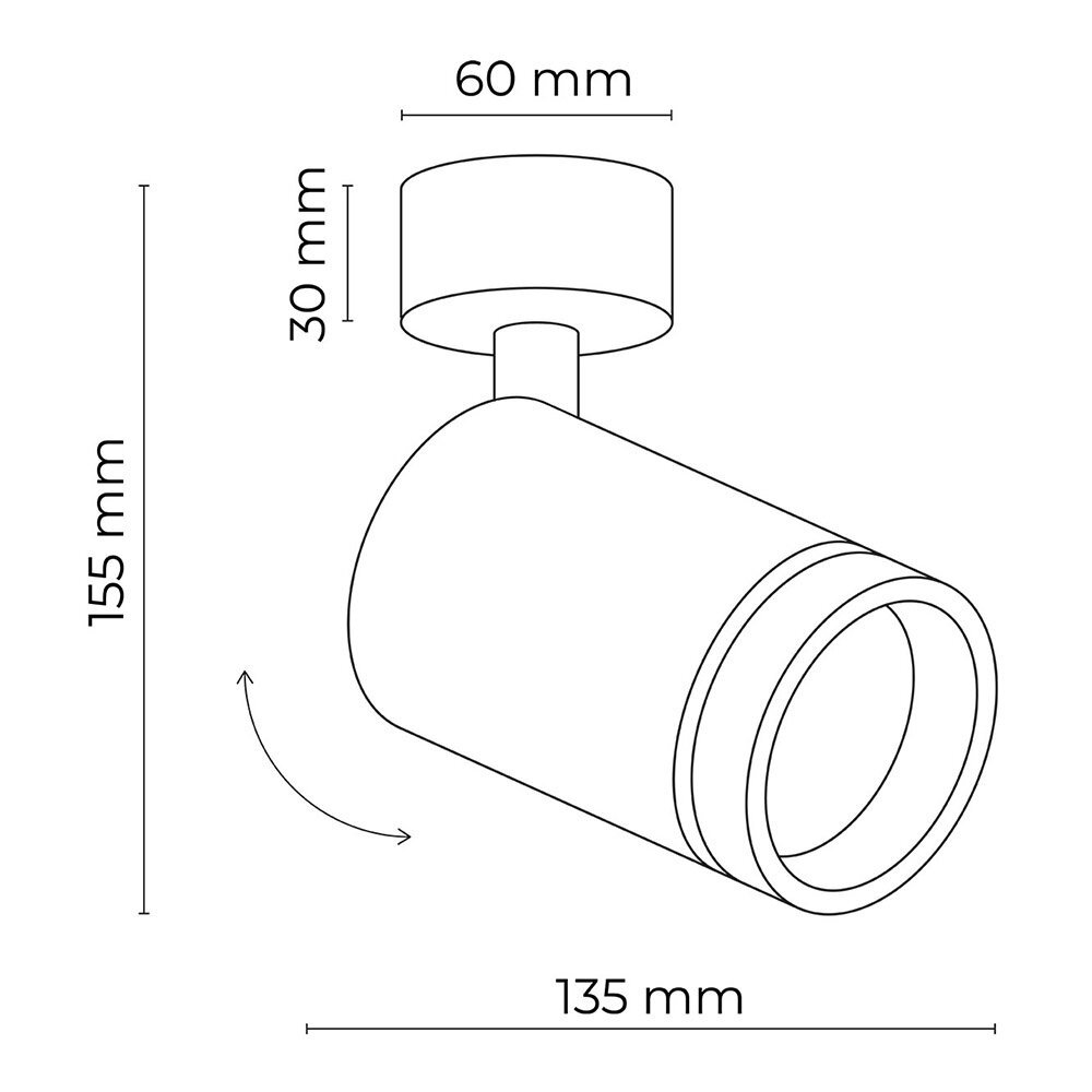 Schematyczny rysunek reflektora sufitowego z wymiarami: wysokość 155 mm, długość 135 mm, średnica podstawy 60 mm, wysokość podstawy 30 mm. Strzałka wskazuje możliwość regulacji kierunku światła.