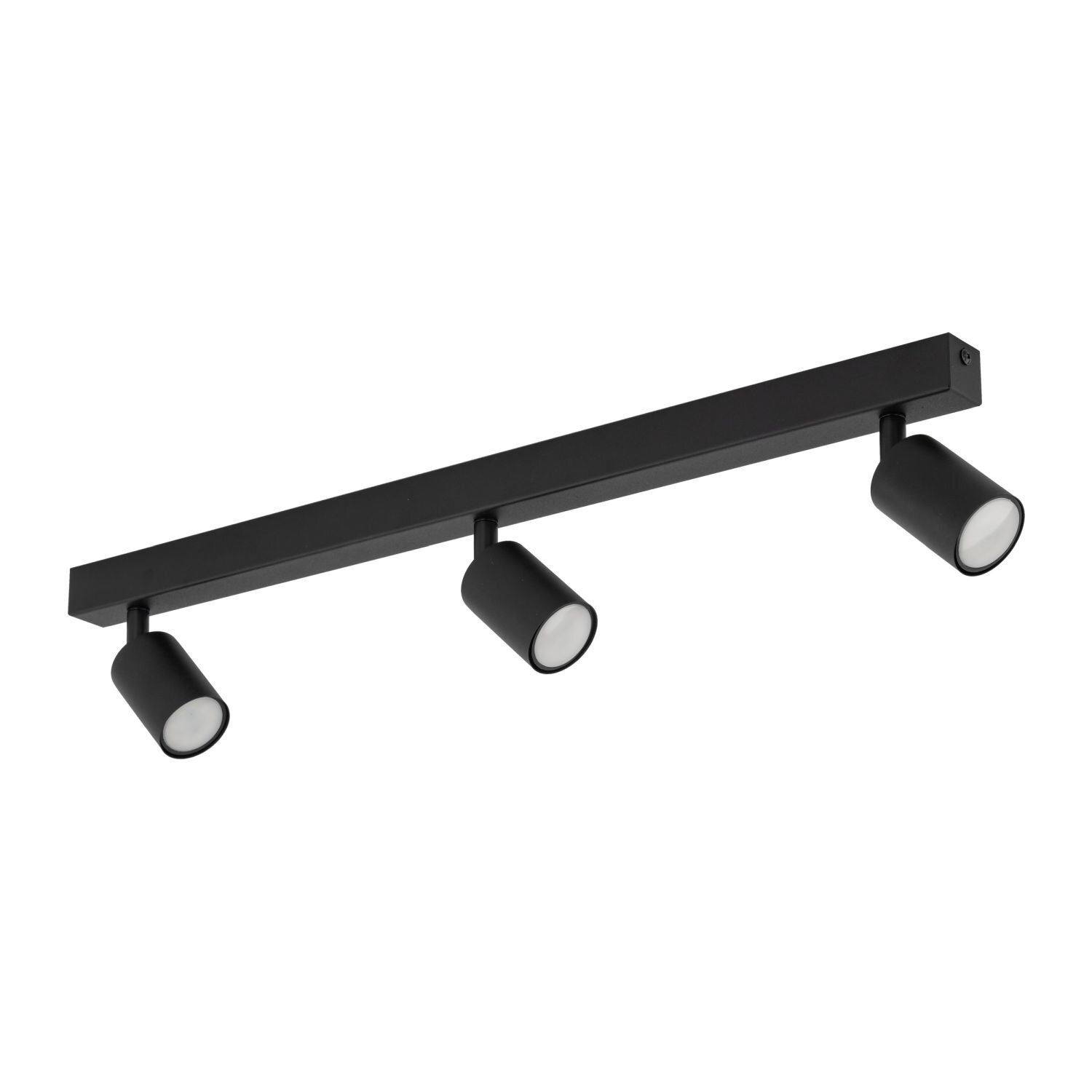 Czarny plafon z trzema regulowanymi reflektorami w kształcie cylindrów, zamontowany na prostokątnej listwie. Produkt wykonany z metalu, nowoczesny design.