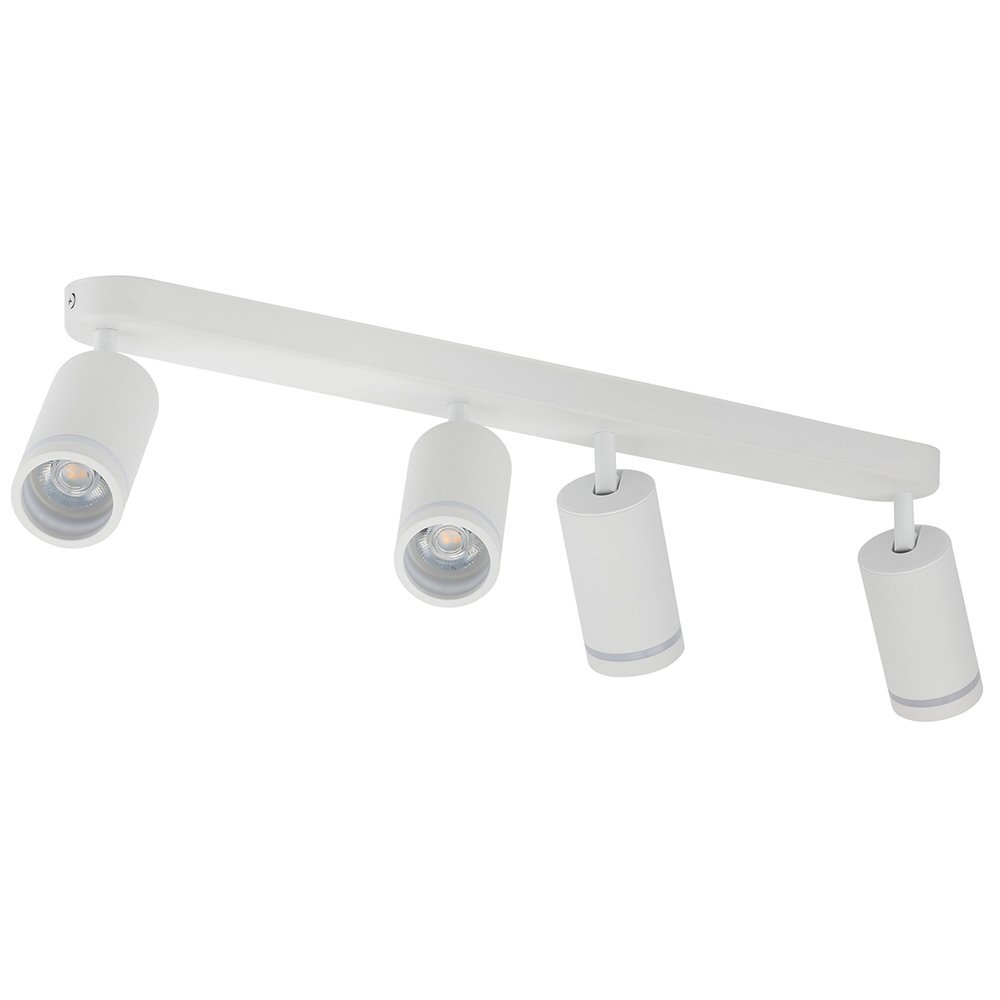 Biała lampa sufitowa z czterema ruchomymi reflektorami w kształcie cylindrów, zamontowana na prostokątnej listwie. Reflektory są skierowane w różnych kierunkach.