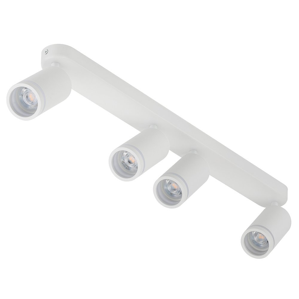 Biała lampa sufitowa z czterema ruchomymi reflektorami w kształcie cylindrów. Wykonana z metalu, przeznaczona do montażu w salonie lub kuchni.