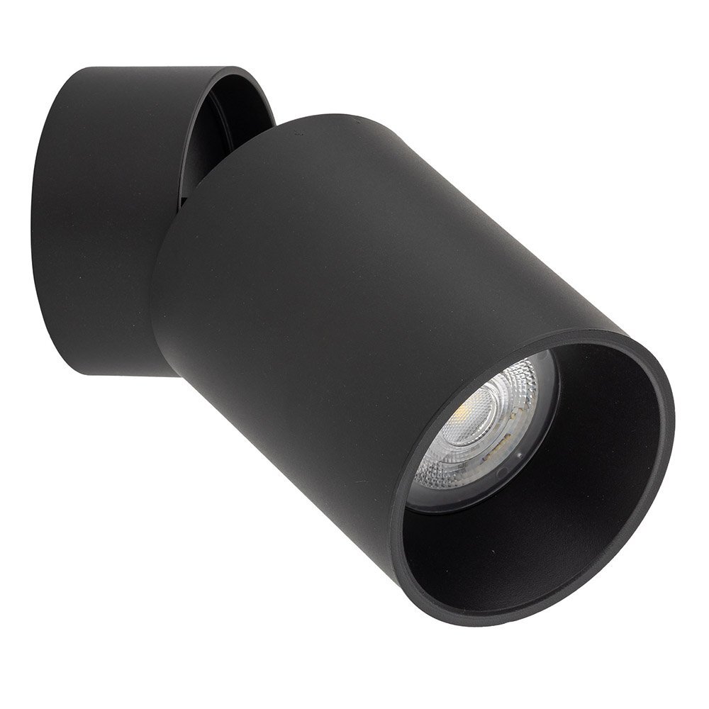 Czarny reflektor spot o cylindrycznym kształcie z widocznym źródłem światła wewnątrz. Produkt ma nowoczesny design i jest przeznaczony do montażu sufitowego lub ściennego.
