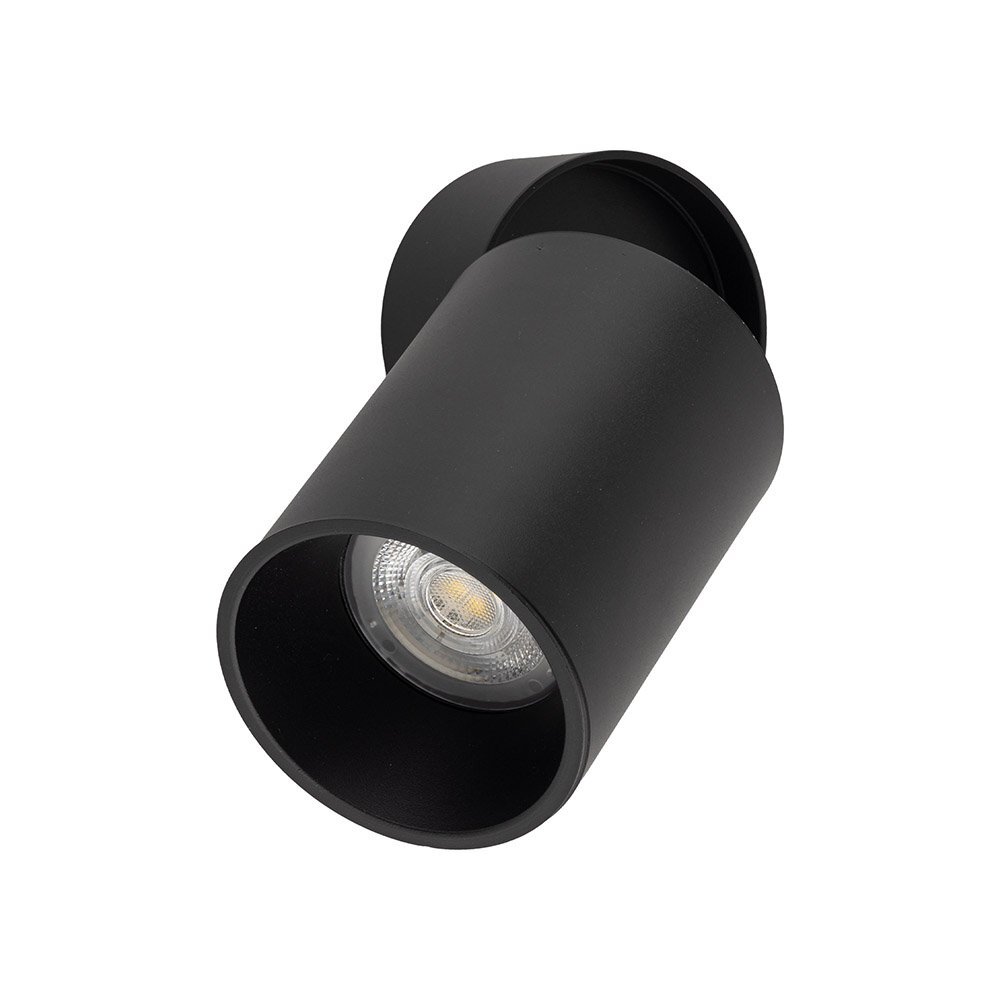 Czarny reflektor spot o cylindrycznym kształcie z widoczną żarówką wewnątrz. Produkt ma nowoczesny design i jest przeznaczony do montażu sufitowego lub ściennego.
