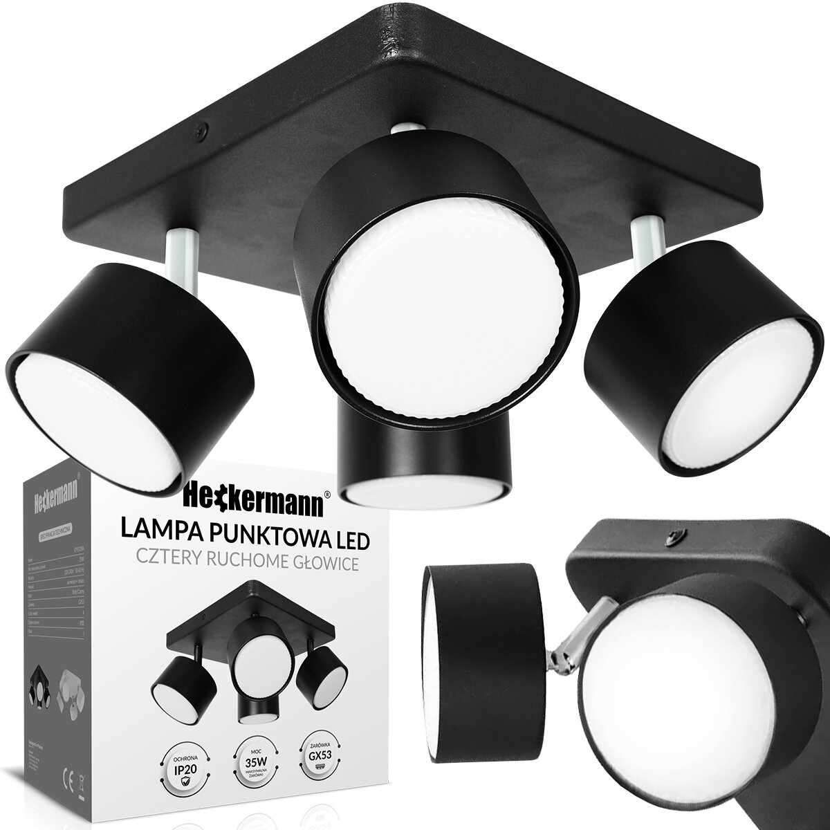 Czarna lampa punktowa LED z czterema ruchomymi głowicami, przedstawiona na tle opakowania z napisem \'Heckermann LAMPA PUNKTOWA LED CZTERY RUCHOME GŁOWICE\'.
