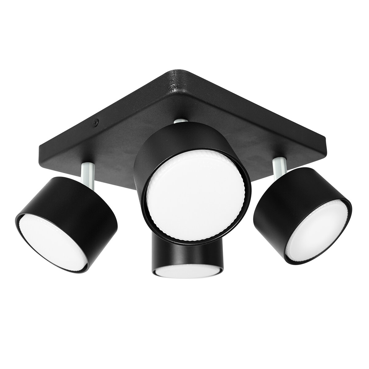 Czarna lampa punktowa LED z czterema okrągłymi głowicami zamontowanymi na kwadratowej podstawie. Głowice są skierowane w różnych kierunkach.