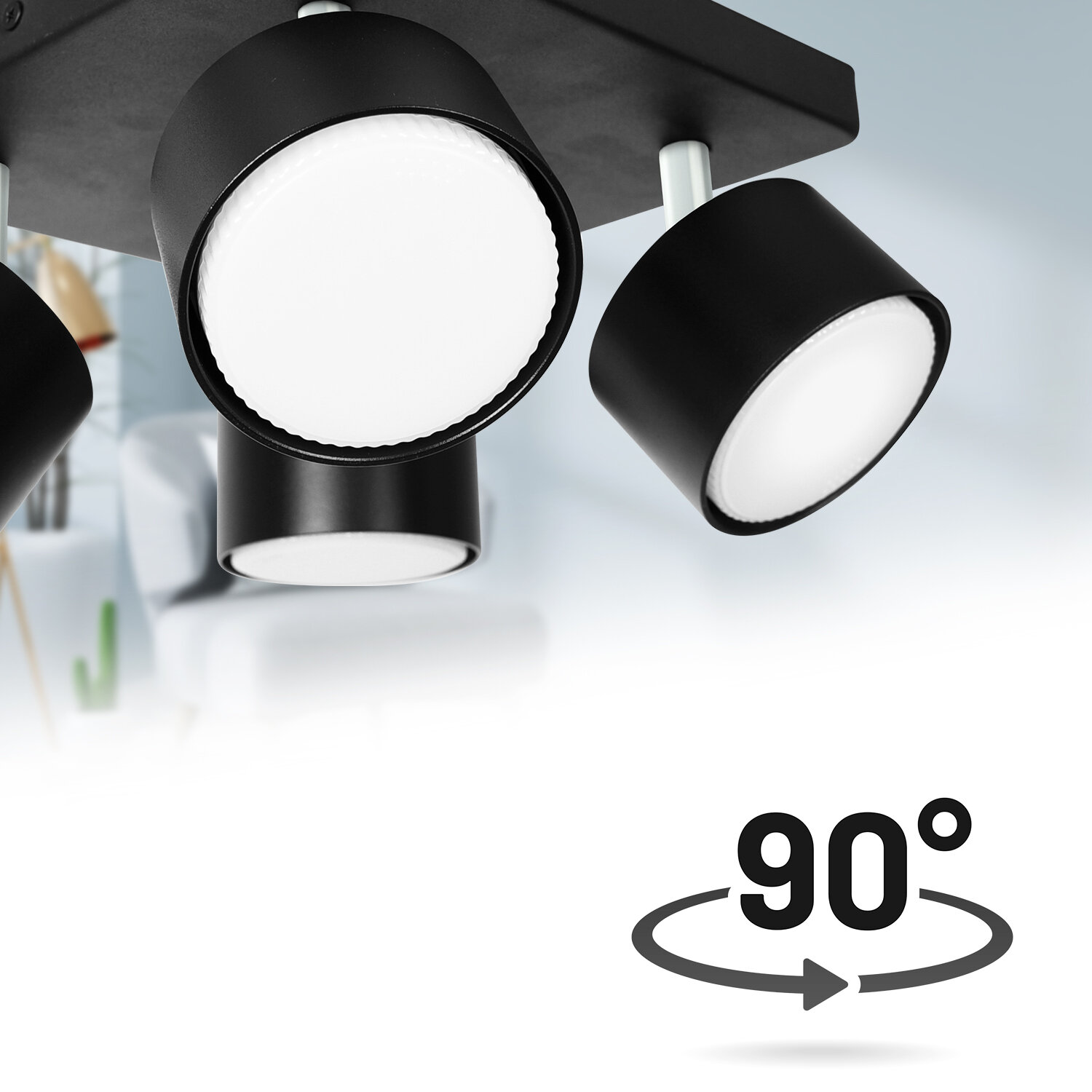 Obraz przedstawia czarną lampę punktową LED z czterema głowicami. Widoczny jest symbol 90° z okręgiem i strzałką wskazującą możliwość obrotu.