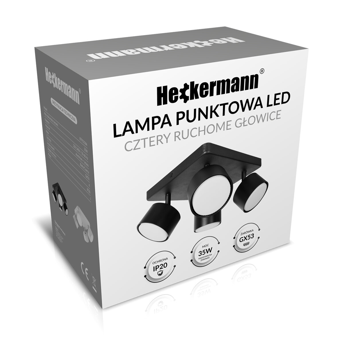 Opakowanie lampy punktowej LED marki Heckermann z czterema ruchomymi głowicami. Na opakowaniu widnieją informacje: ochrona IP20, moc 35W, złącze GX53.