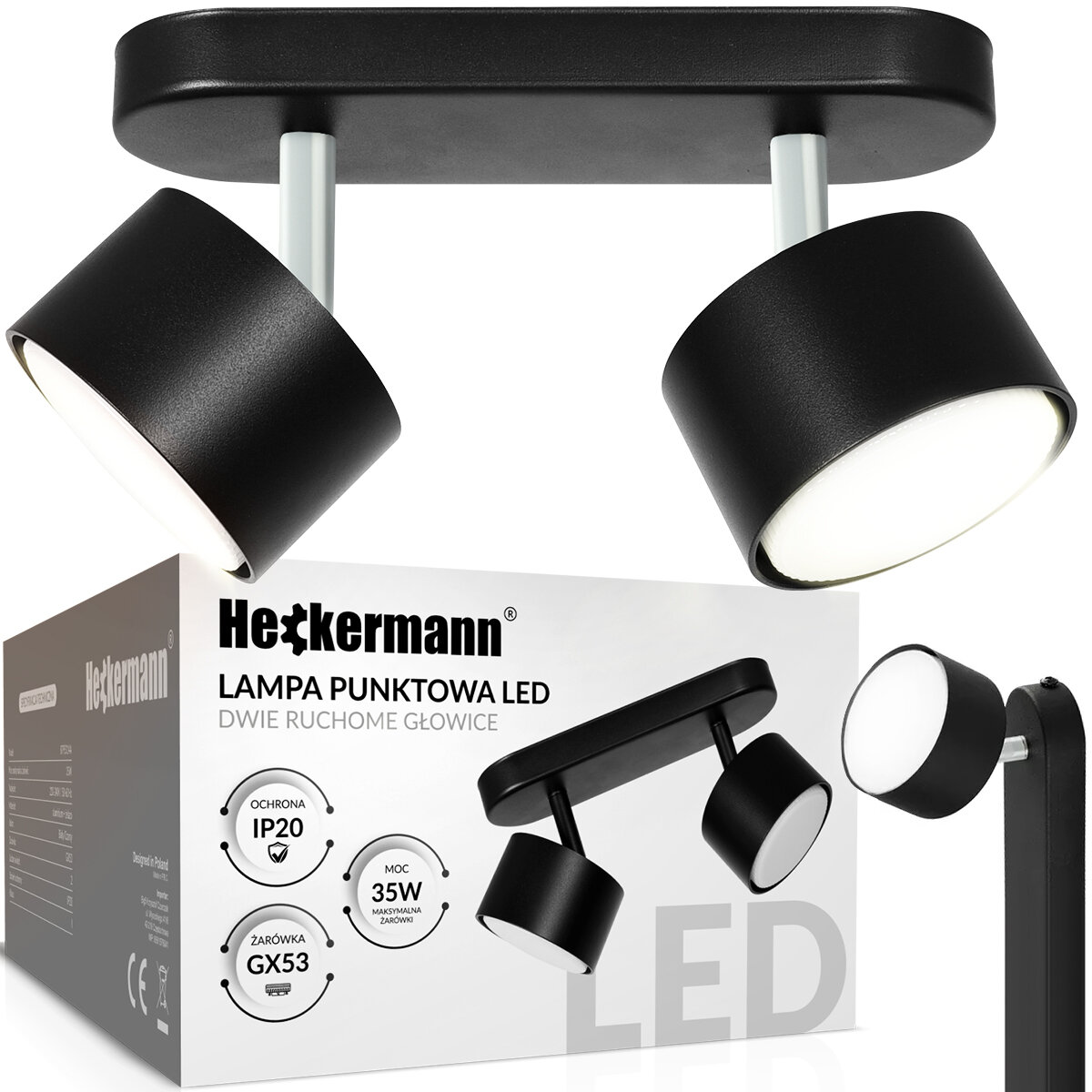 Czarna lampa punktowa LED z dwoma ruchomymi głowicami, umieszczona na tle opakowania z napisem \'Heckermann LAMPA PUNKTOWA LED DWIE RUCHOME GŁOWICE\'. Opakowanie zawiera informacje: \'OCHRONA IP20\', \'MOC 35W\', \'ŻARÓWKA GX53\'.